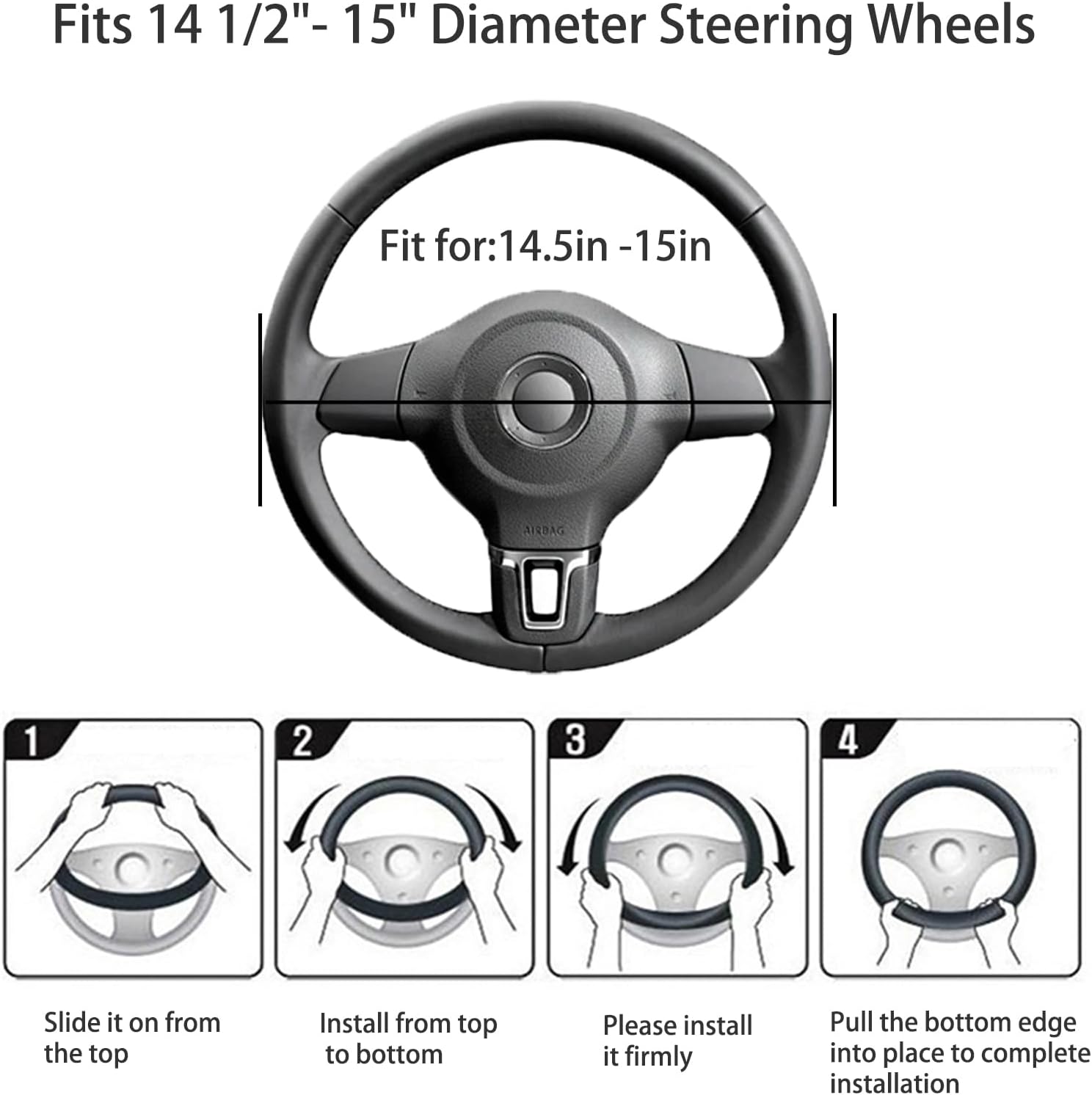 Black Genuine Leather Car Steering Wheel Cover Men Women,Cowhide Wheel Cover,Soft,Breathable,Anti-Slip,Luxury Steering Wheel Cover,Universal Standard Size 14.5-15 inch(M)