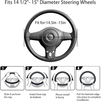 Black Genuine Leather Car Steering Wheel Cover,Universal 15 inch(M)