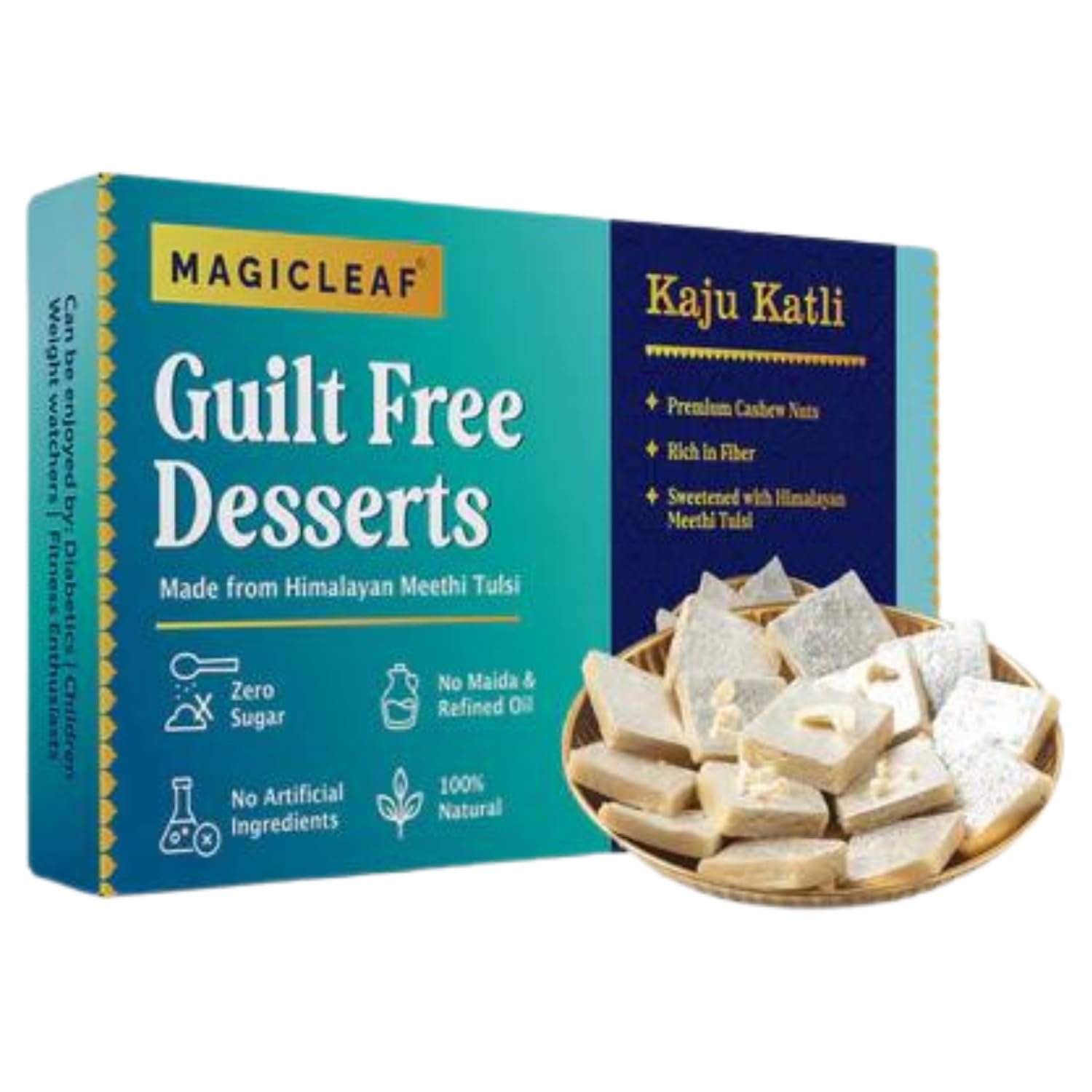 Magic Leaf Sugar Free Kaju Katli Dessert - 250 gm | Freshly Made Indian Sweets, Sugarfree Mithai Sweets Gift Box, Sweetened with Stevia, No Refined Oil