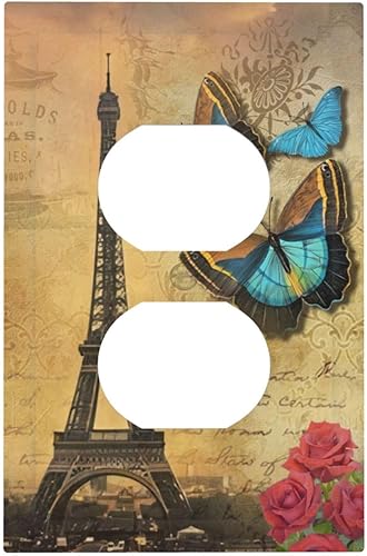 París Torre Eiffel azul mariposa y flor de rosa roja, papel vintage de 1 cuadrilla, cubierta de salida dúplex de 1 banda, placa de pared decorativa
