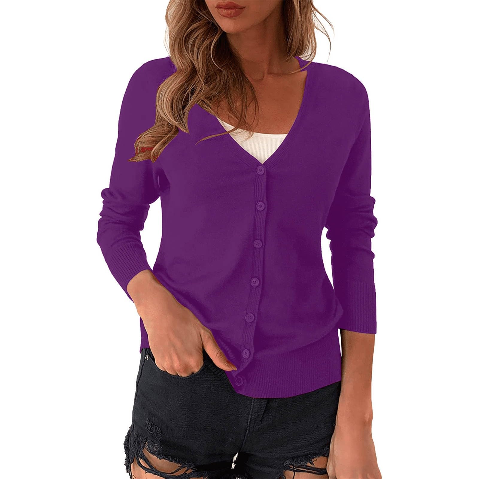 Cardigans para mujer elegante cárdigan casual manga larga suéter de punto estrecho transpirable con botones chaqueta camisa con cuello en V ligero clásico cárdigan de punto con botón verano