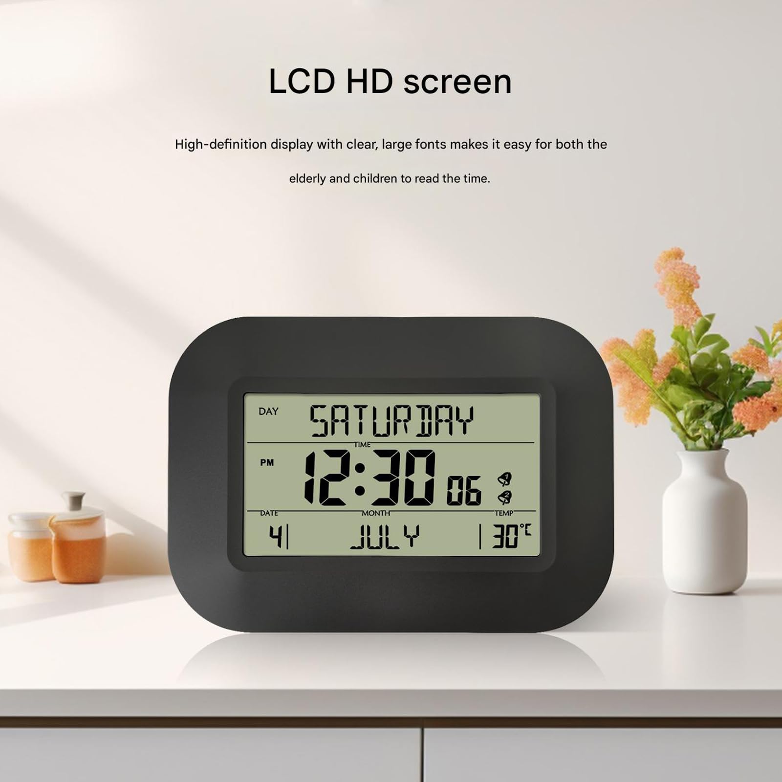Greabuy Reloj digital contemporáneo con calendario y pantalla de temperatura, 2 alarmas, función de repetición, pantalla LCD, reloj despertador con calendario