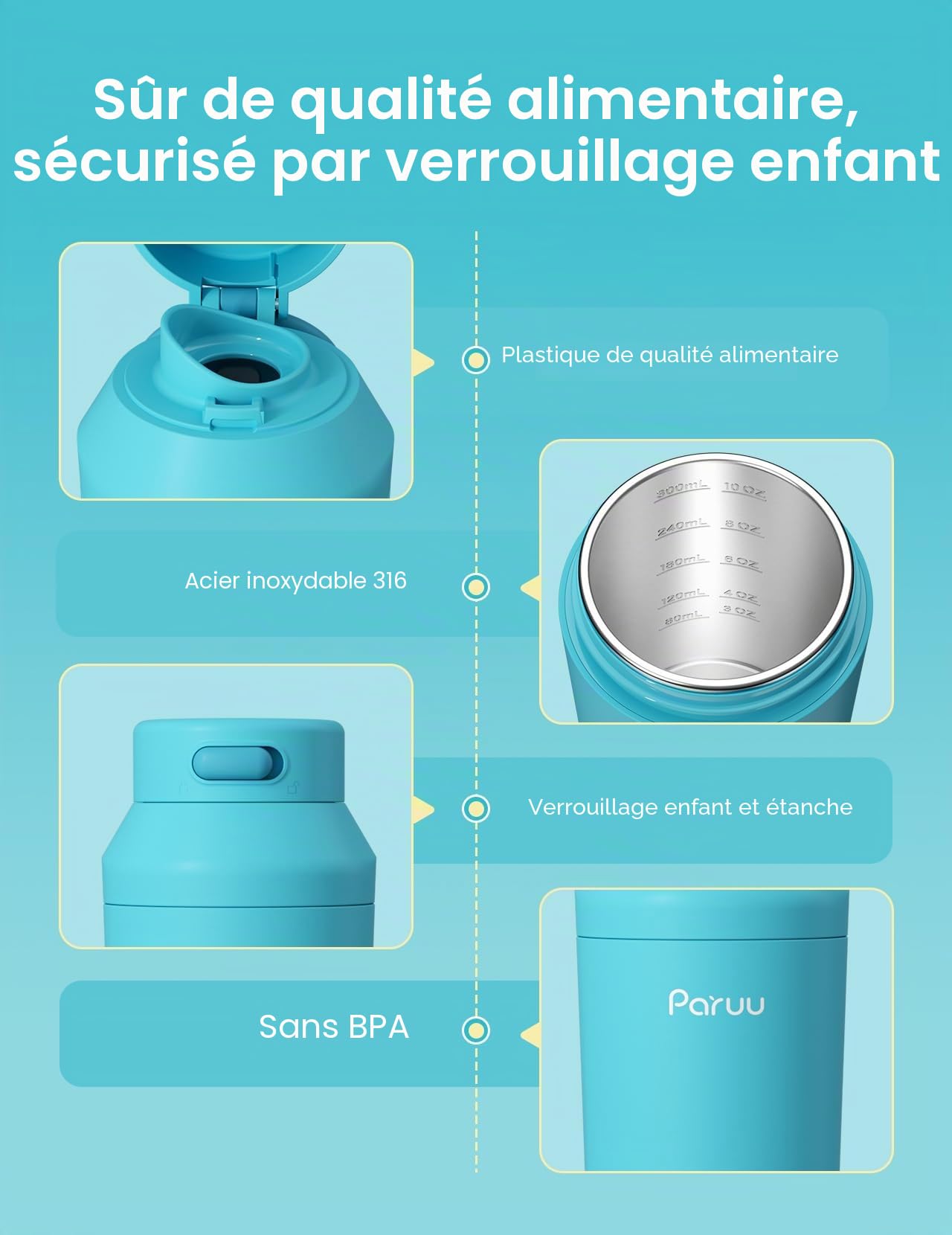 Paruu Chauffe Biberon Portable pour Nomade sans Fil, Chauffage Rapide en 2 minutes, Gros bec Facile à Nettoyer, 7 Niveaux de Température, Charge Rapide 30 W, Capacité 350 ml, Bleu