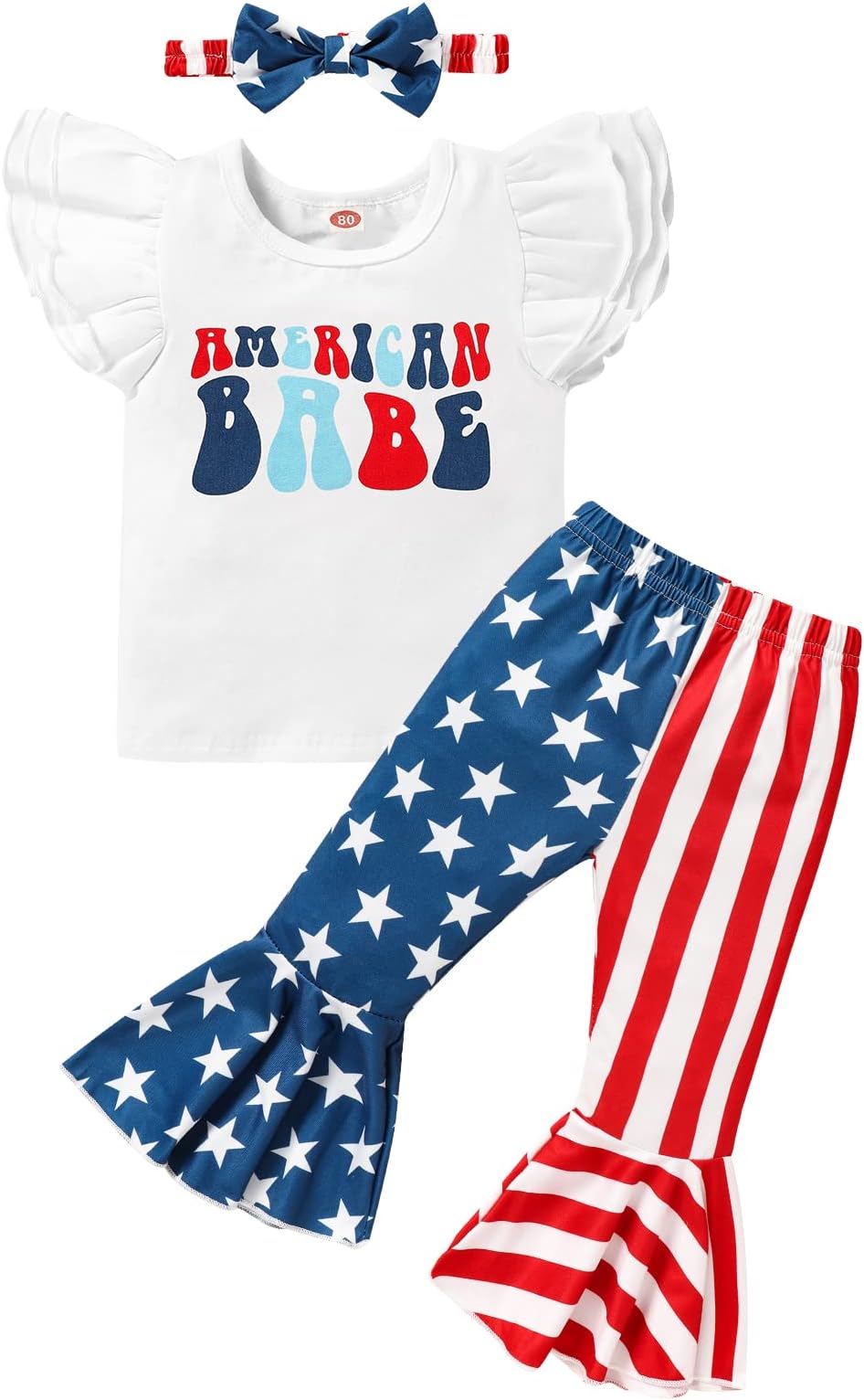 Sinhoon Toddler Baby Girl 4th of July Outfits Short Sleeve Letter Print Shirt Tops+Flare Pants+Headband 3PCS Clothes Set
