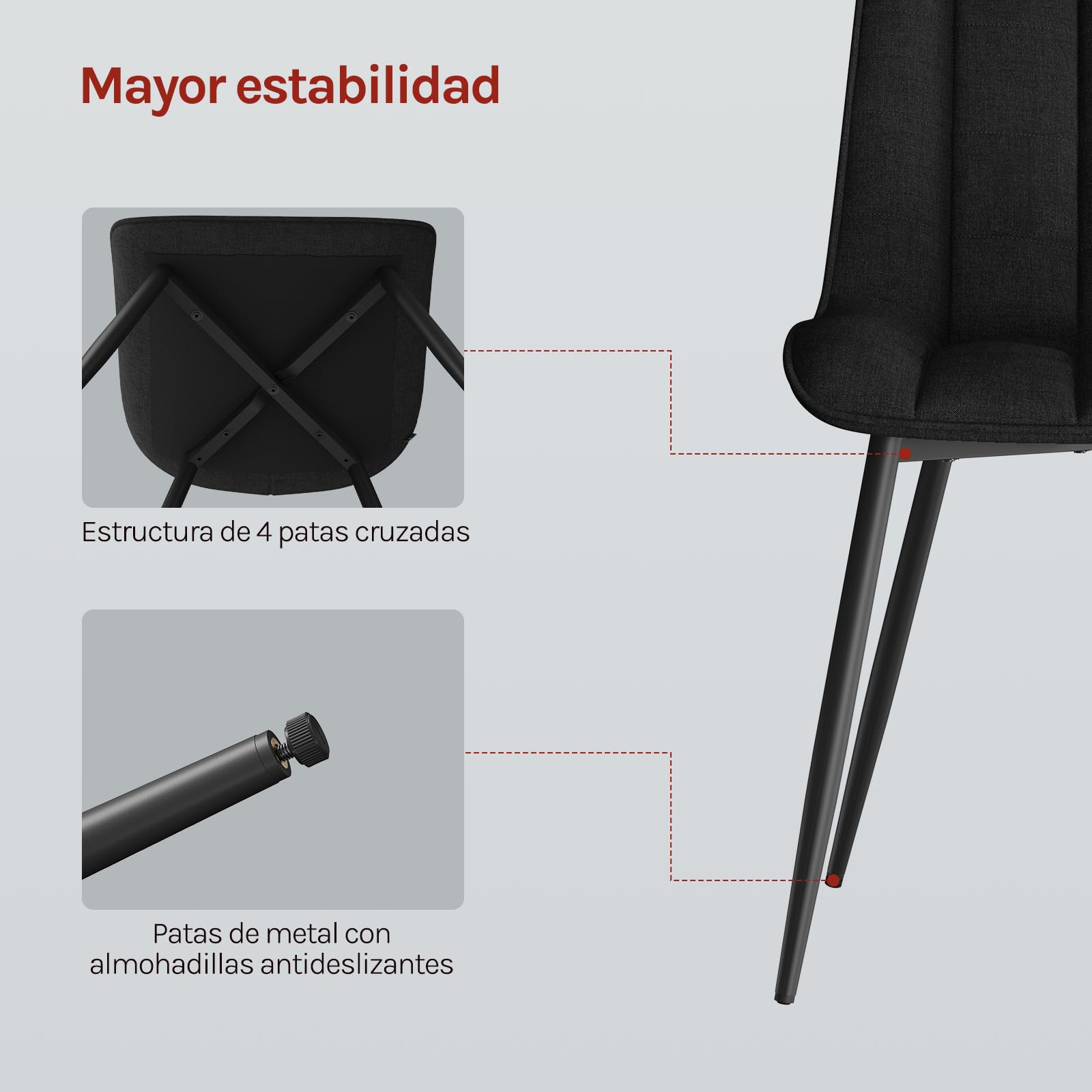 WOLTU Juego de 2 Sillas Comedor,Lino,Negro | Patas Metálicas, Carga 150kg, Asiento Antideslizante Cómodo, Uso Hogar Comedor Salón Dormitorio