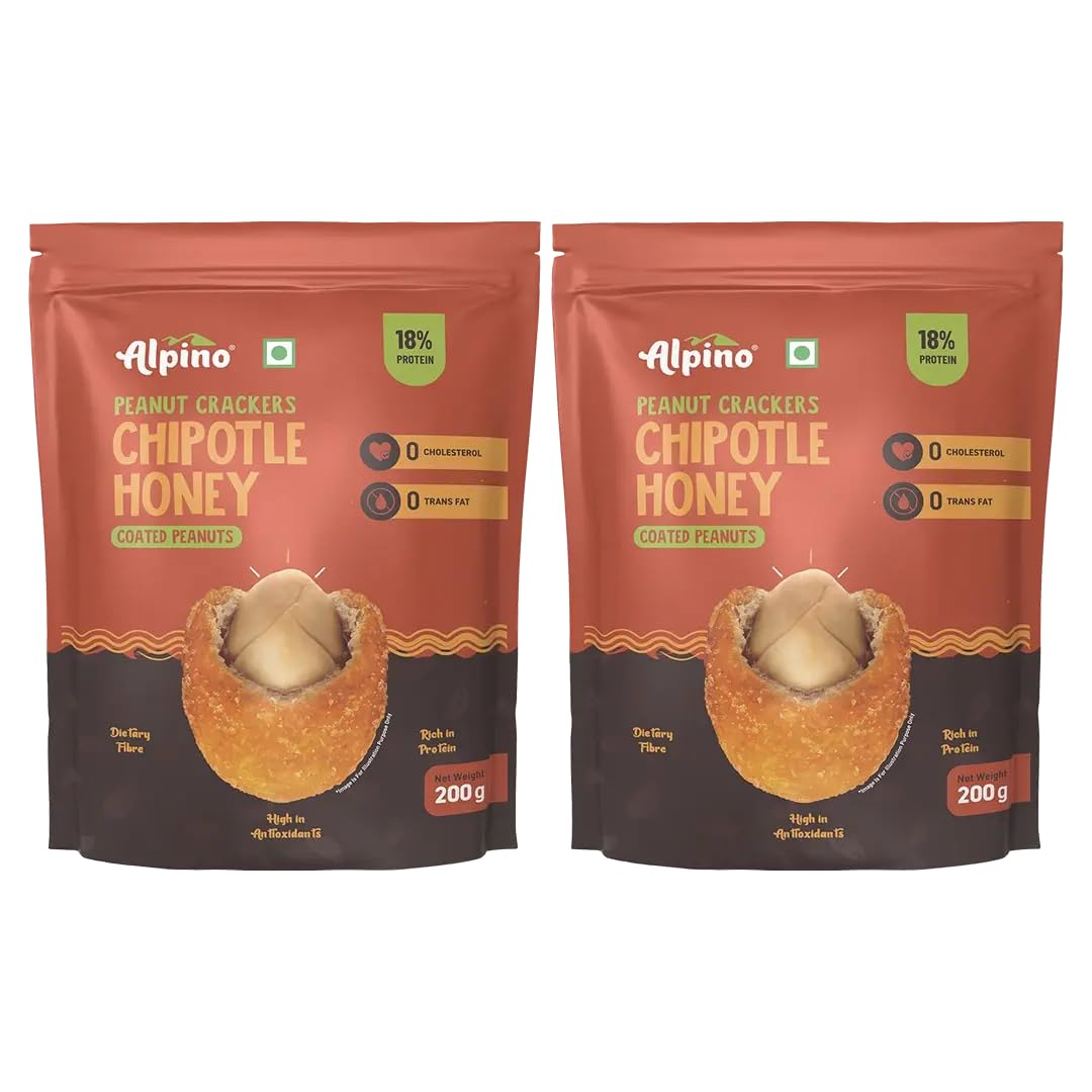 Alpino Peanut Crackers Chipotle Honey 400g – Made with Roasted Peanuts & Chipotle Honey Seasoning - 18g Protein, 0 Cholesterol, 0 Trans Fat, Healthy Snack – Indian Spices Coated Peanuts (Pack of 2)