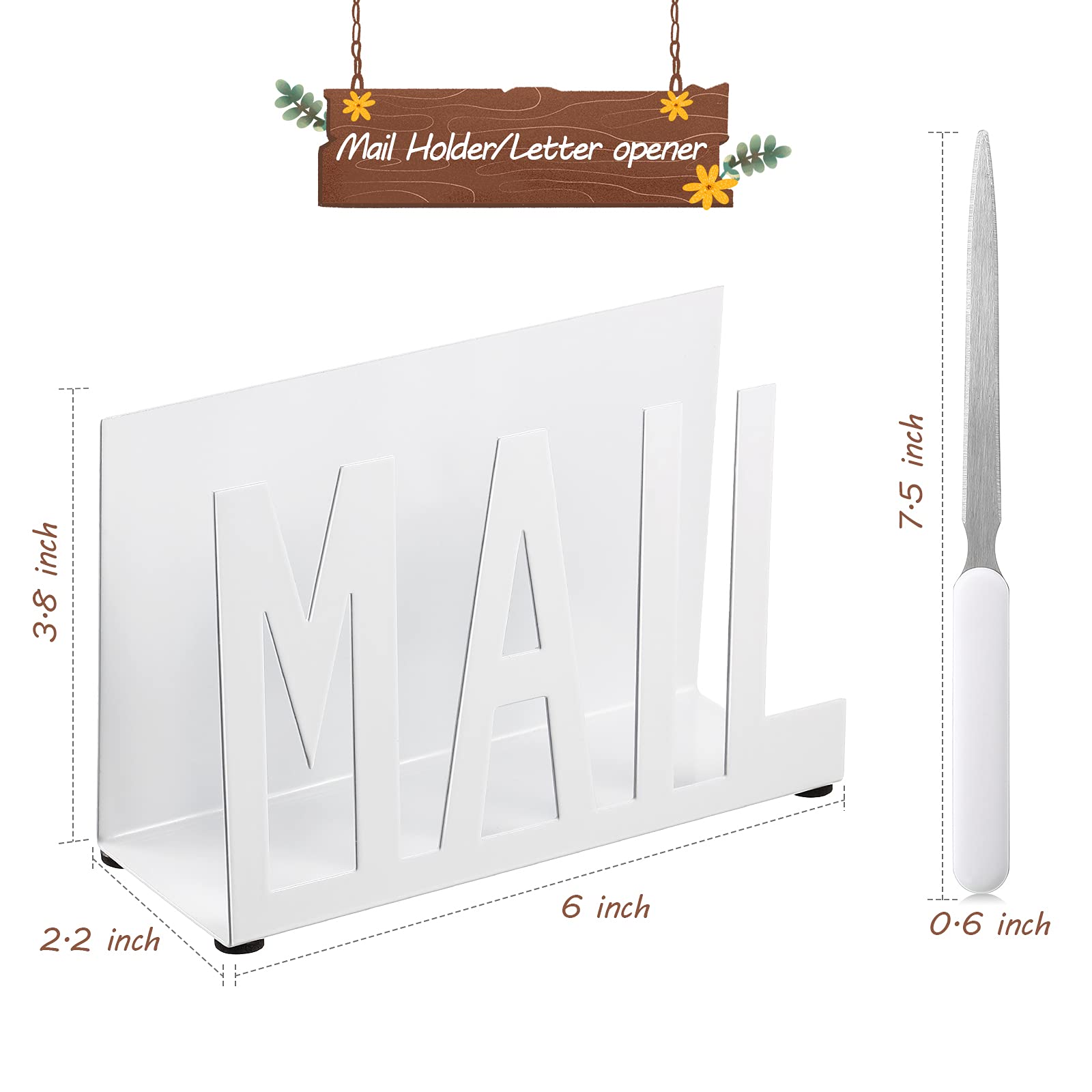Jetec Mail Halter Metall Brief Sortierer Tabletop Mail Ausgeschnitten Organizer Mail Brief Dokumenten Ständer mit Brief Öffner für Desktop Haus Büro Schule (Weiß Reguläres Skript)