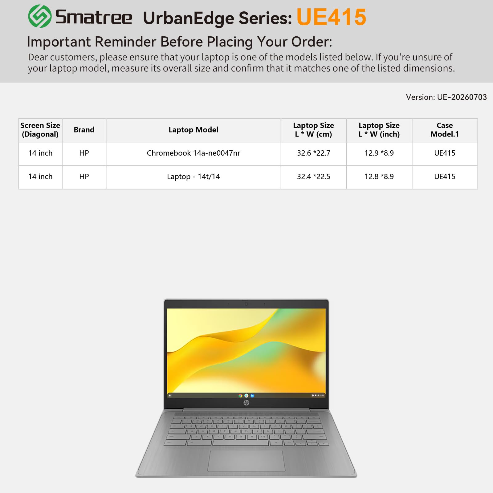 Smatree UrbanEdge Etui na laptopa do 14 cali HP Chromebook 14a-ne0047nr;14 cali HP Laptop - 14t/14,z kieszenią na akcesoria(UE415)