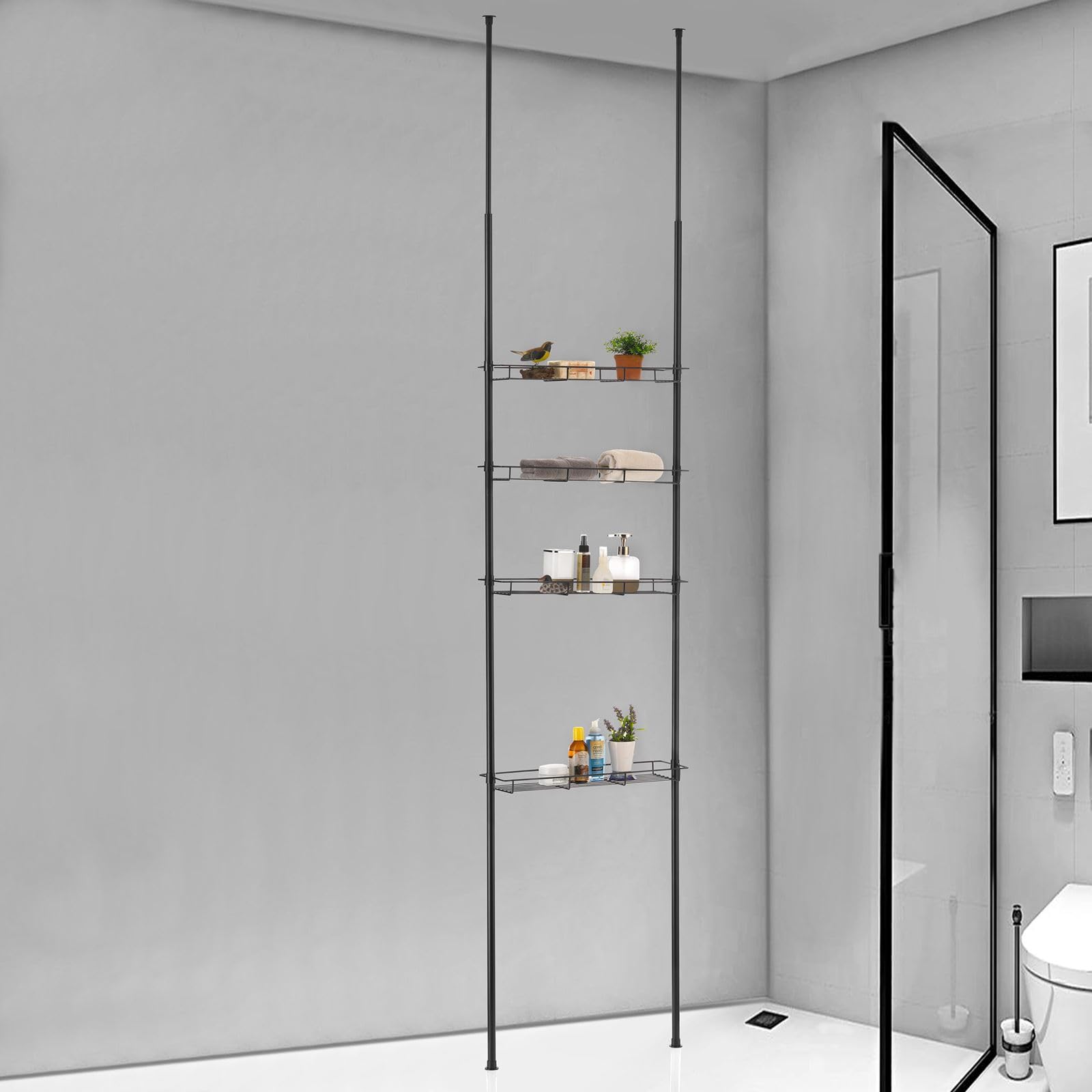 Duschregal Paula, 4 offene Ablagekörbe, schwarz, Teleskopstange höhenverstellbar, ausziehbar bis 280cm. Ideal für Badezimmer ohne Bohren. Inklusive Duschablage Teleskopstange, Teleskopreg