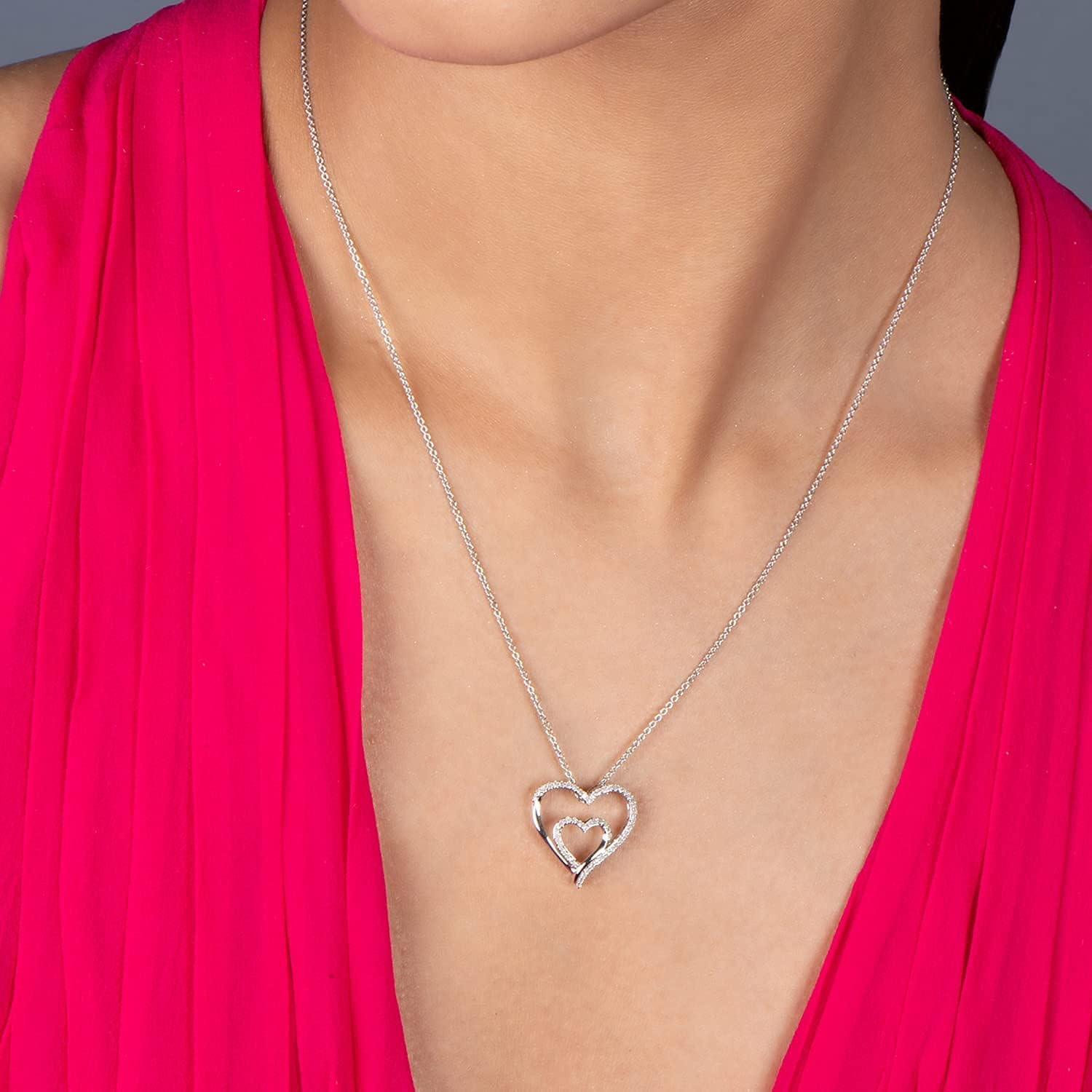 Jewelili FALLING FOR YOU Double Heart Pendant Necklace with Natural White Round Diamond in Sterling Silver 1/10 Cttw 18 inch Rolo Chain