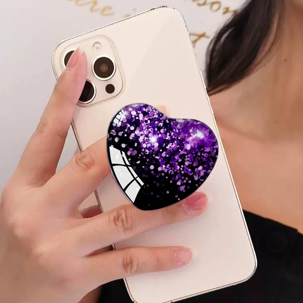 Expandiing Moblile Cell Phone Grip Heart Shape Glass Holder for Smartphones, Cellphone Collapsible Stand（ Black Purple - Image 3