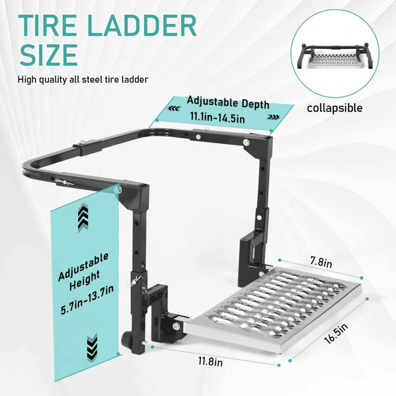 Folding Tire Step for Truck, SUV and RV Adjustable Tire Mounted Step Fit Most Tire from 11.1” to 14.4”, Rated up to 300 Lbs,Shark Jaw Non-Slip Steel Platform, Black