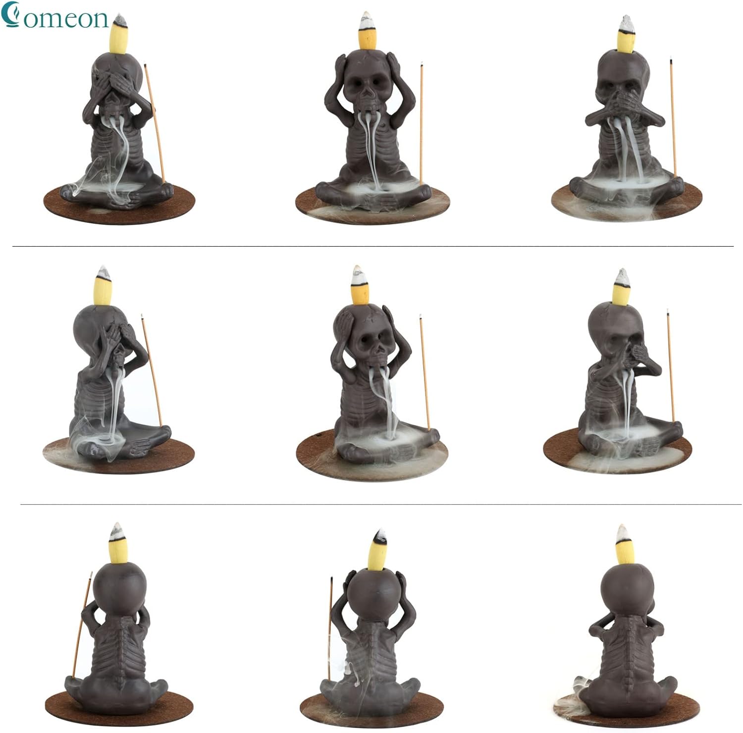 Comeon Backflow Incense Burner Skull Decor Incense Stick Holder Reverse Flow Censer Incense Waterfall Burner + Backflow Incense Cones, Incense Sticks, Tweezer, Mat (Set of 3)