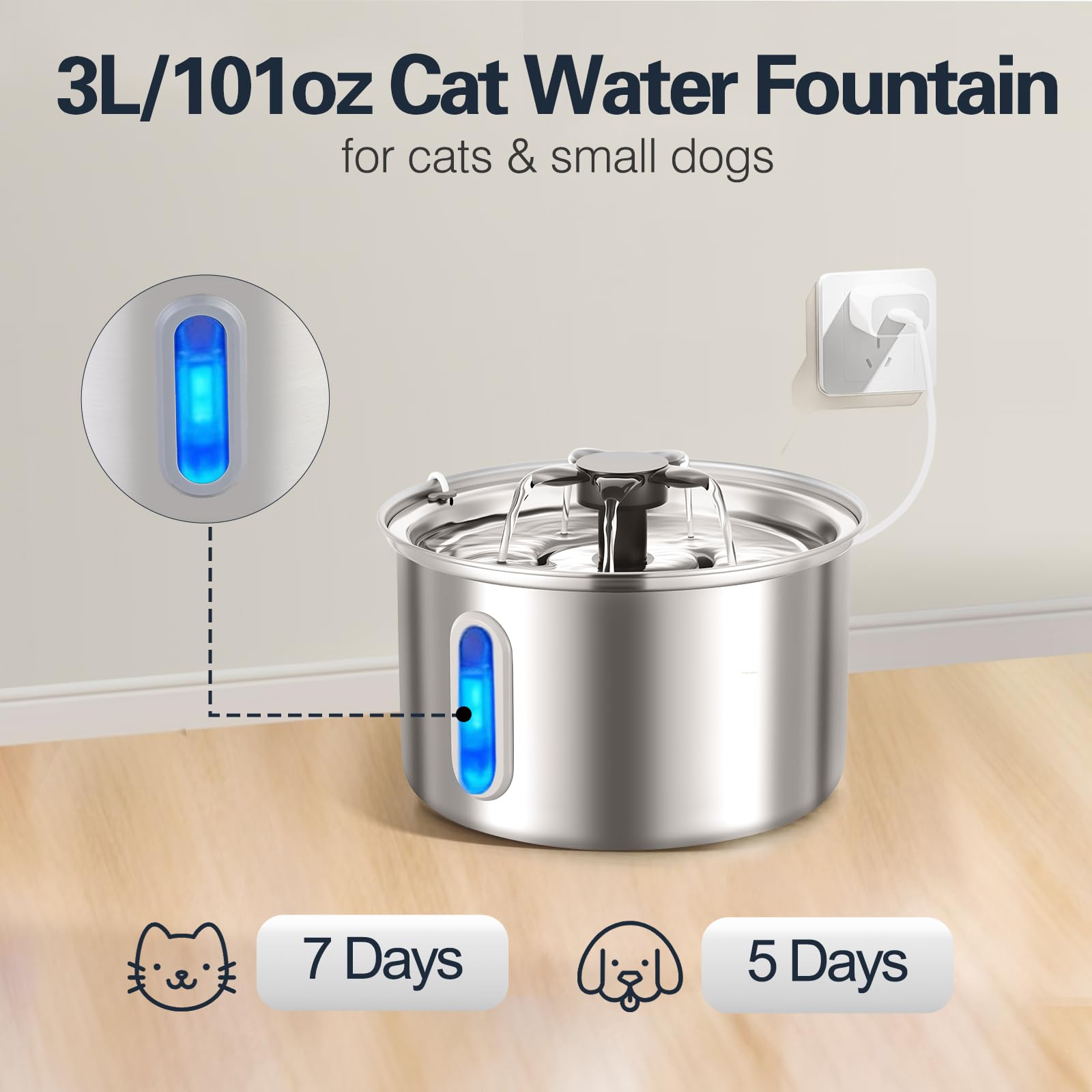 3L/101oz Stainless Steel Cat Water Fountain for Indoor Use (Includes 8 Filters) and 15 Pack Cat Water Fountain Replacement Filters - image 5