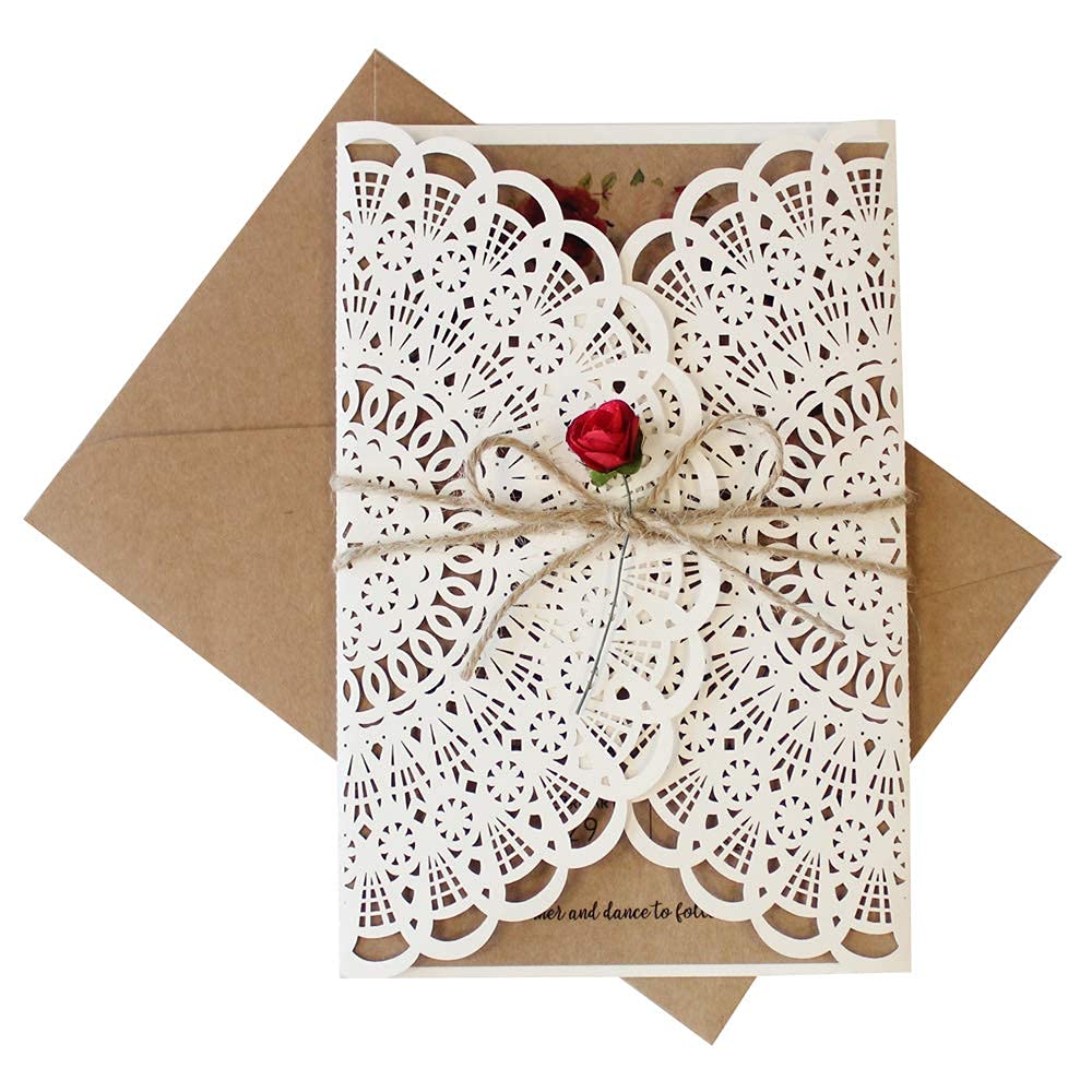 Laser-geschnittene Hochzeitseinladungen Set Rustikale Hochzeitseinladungen mit RSVP Karten und Umschlägen, 125 x 185 mm, 50 Stück