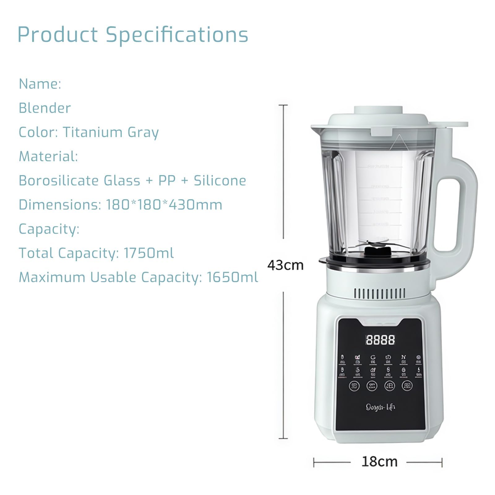Szybki blender na blat 1200 W, kruszarka do gorącego i zimnego lodu oraz robot kuchenny z cichą pracą 60 dB (szary tytanowy)