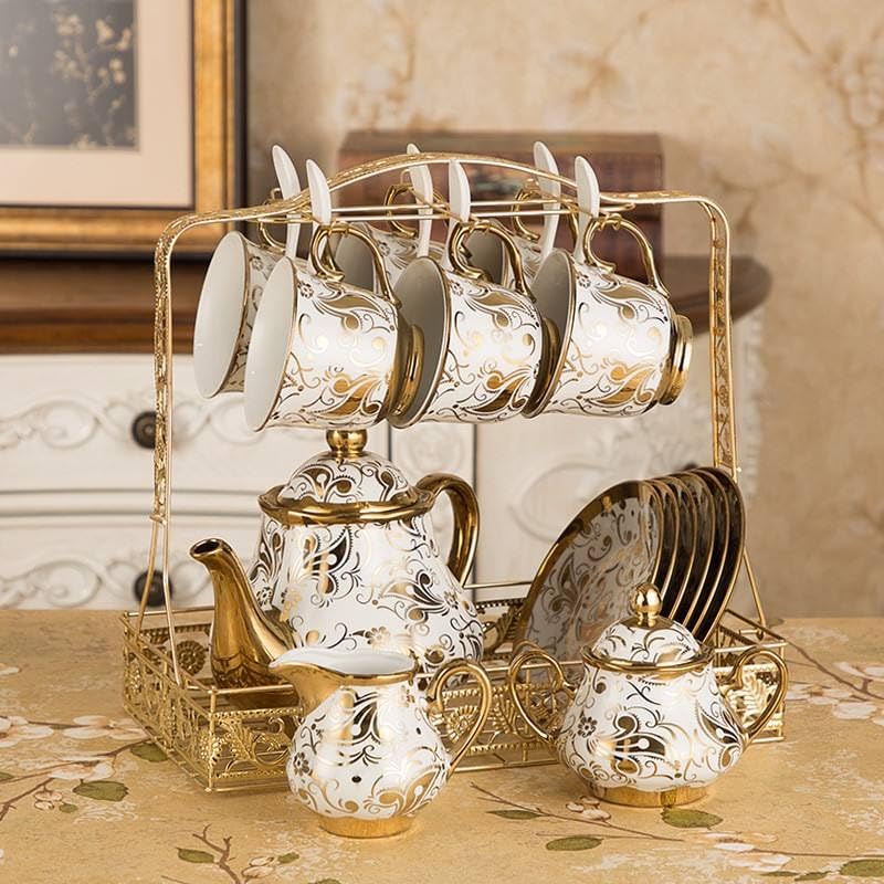 Chougnar European Luxury Ceramics Coffee Cup Set Vintage Tea Cup With Storage Rack