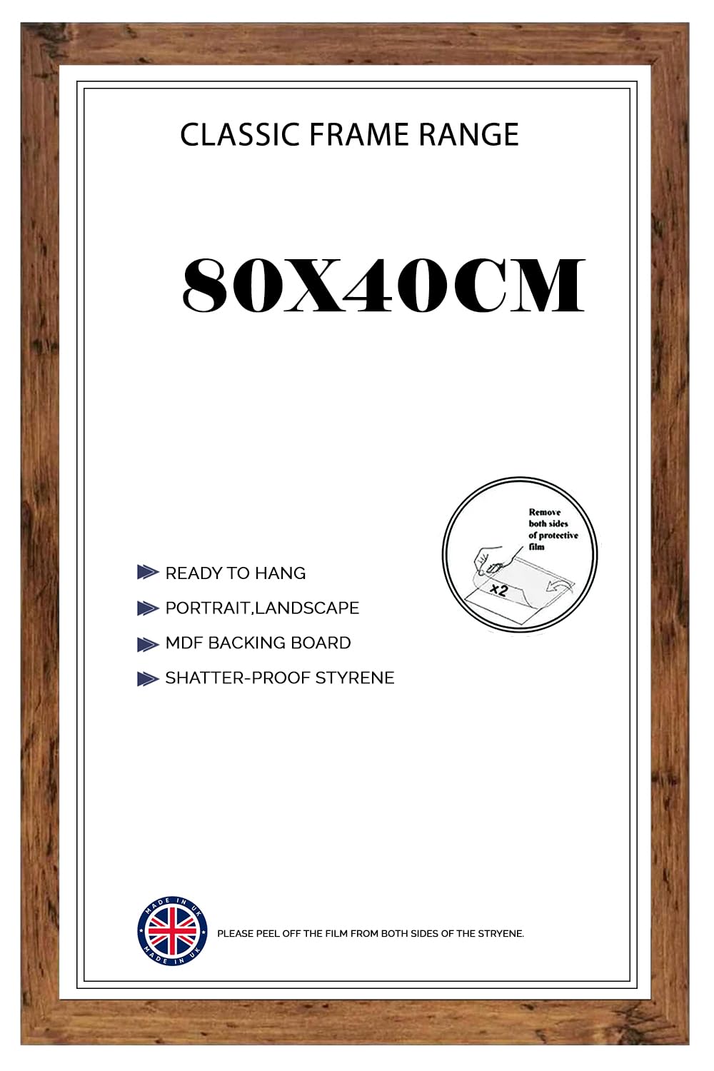 Flat Rustic Poster Frame 40x80cm Lightweight Vertical & Horizontal Shatter-Proof Acrylic HD Clear Front Wall Hanging Picture Frame