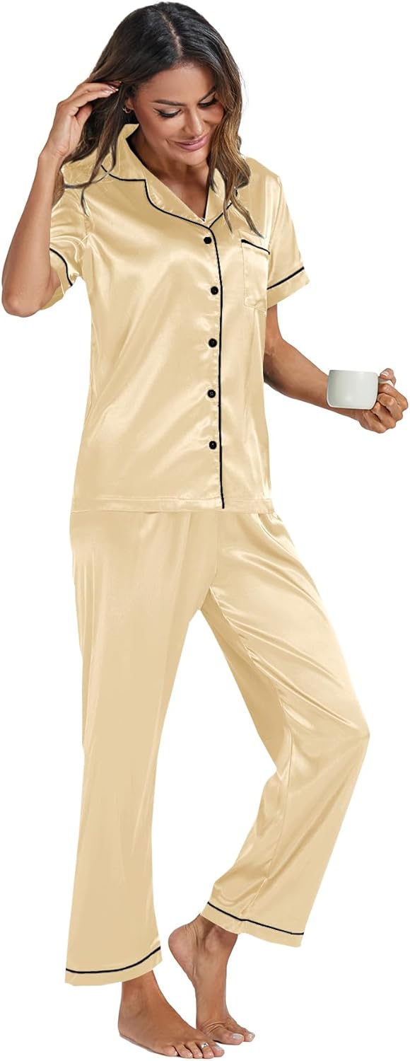 Umenlele Women's Satin Pajamas Short Sleeve Loungewear and Long Pant Two Piece Sleepwear Button-Down Pj Set - Image 5
