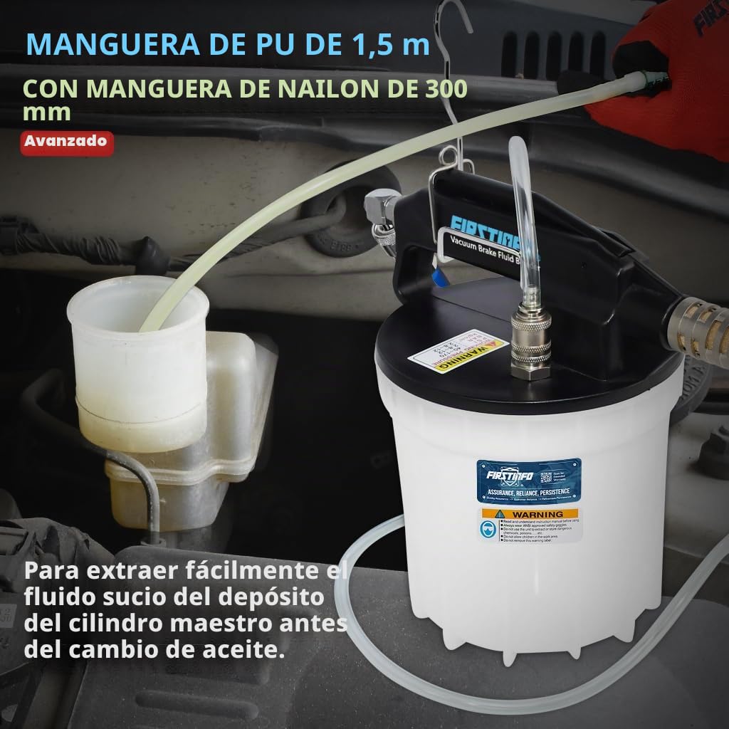 FIRSTINFO Purga de Frenos Neumática 2L, Kit de Purga de Líquido de Frenos con Tubo Silicona 1,5m, Válvula Anti-Retorno, Universal Coche y Moto, A1151EU
