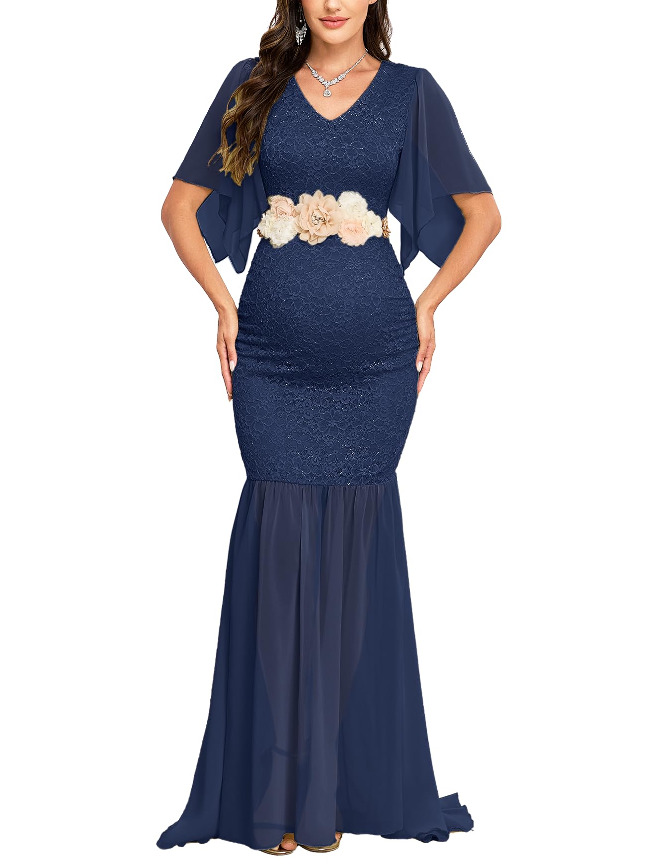 Maternity Lace Mermaid Dress V Neck Handkerchief Sleeve Chiffon Maxi Gown for Wedding Guest Photoshoot Baby Shower