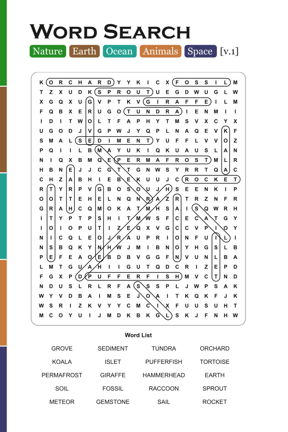 Word Search: Nature, Earth, Ocean, Animals, Space [v.1]