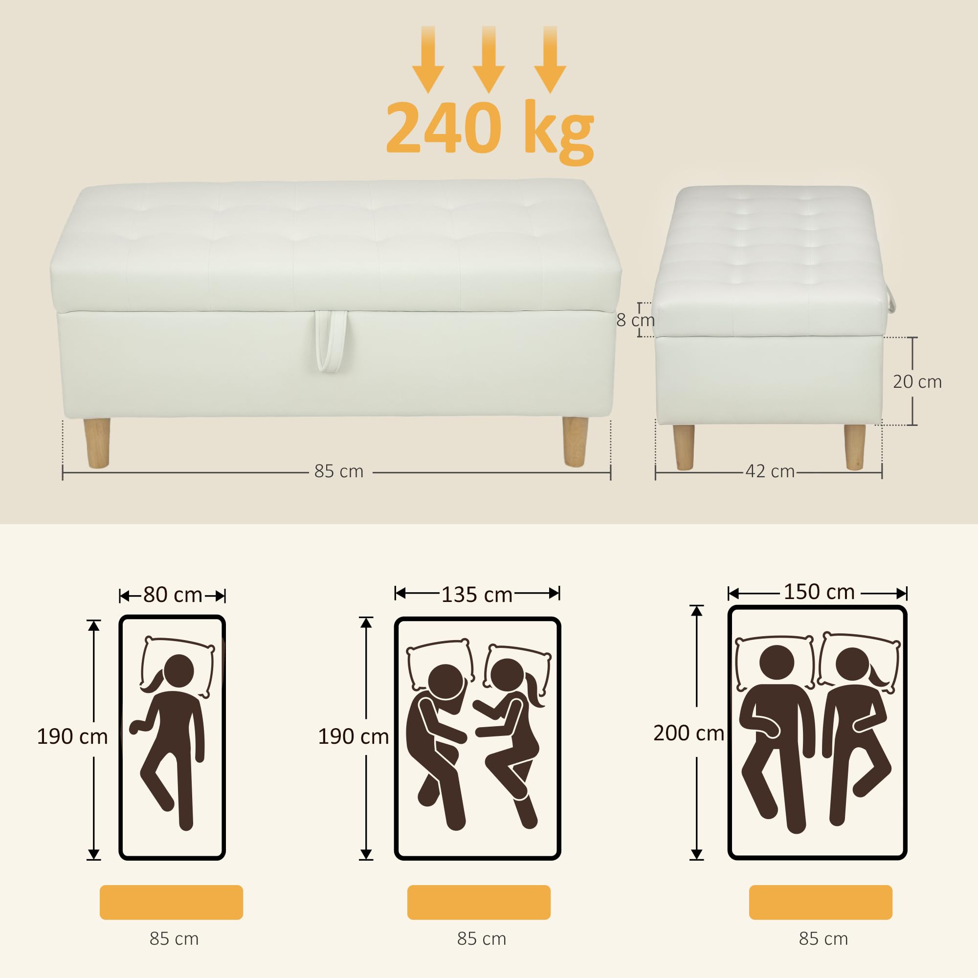 HOMCOM Puff Almacenaje Baúl Tapizado de Terciopelo 100x50x43 cm con Patas de Madera Capacidad 71L Soporta 240 kg Banco Almacenaje para Dormitorio Pasillo Salón Blanco Crema