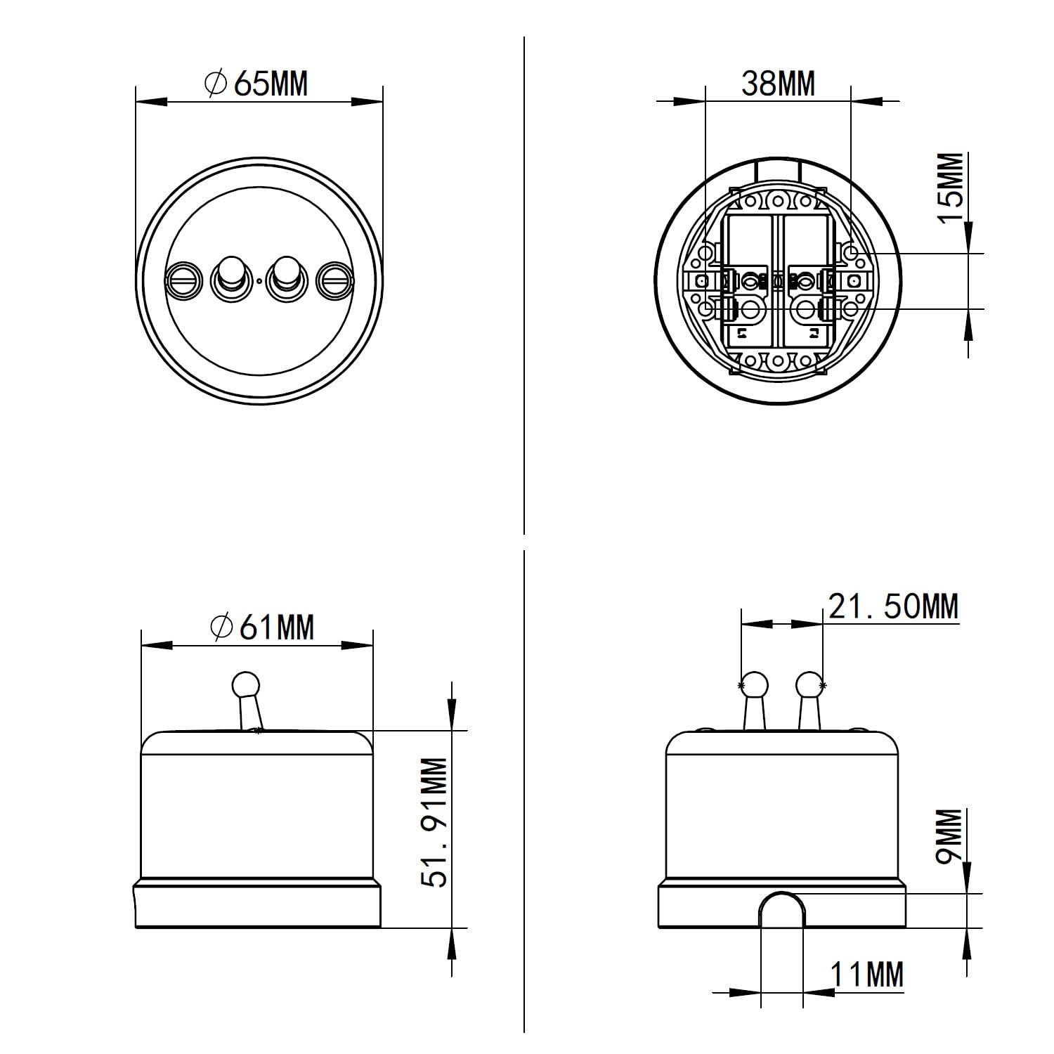 Aufputz Porzellan Retro Toggle Brass Doppelschalter, All-in-One, Serie QR1 weiß