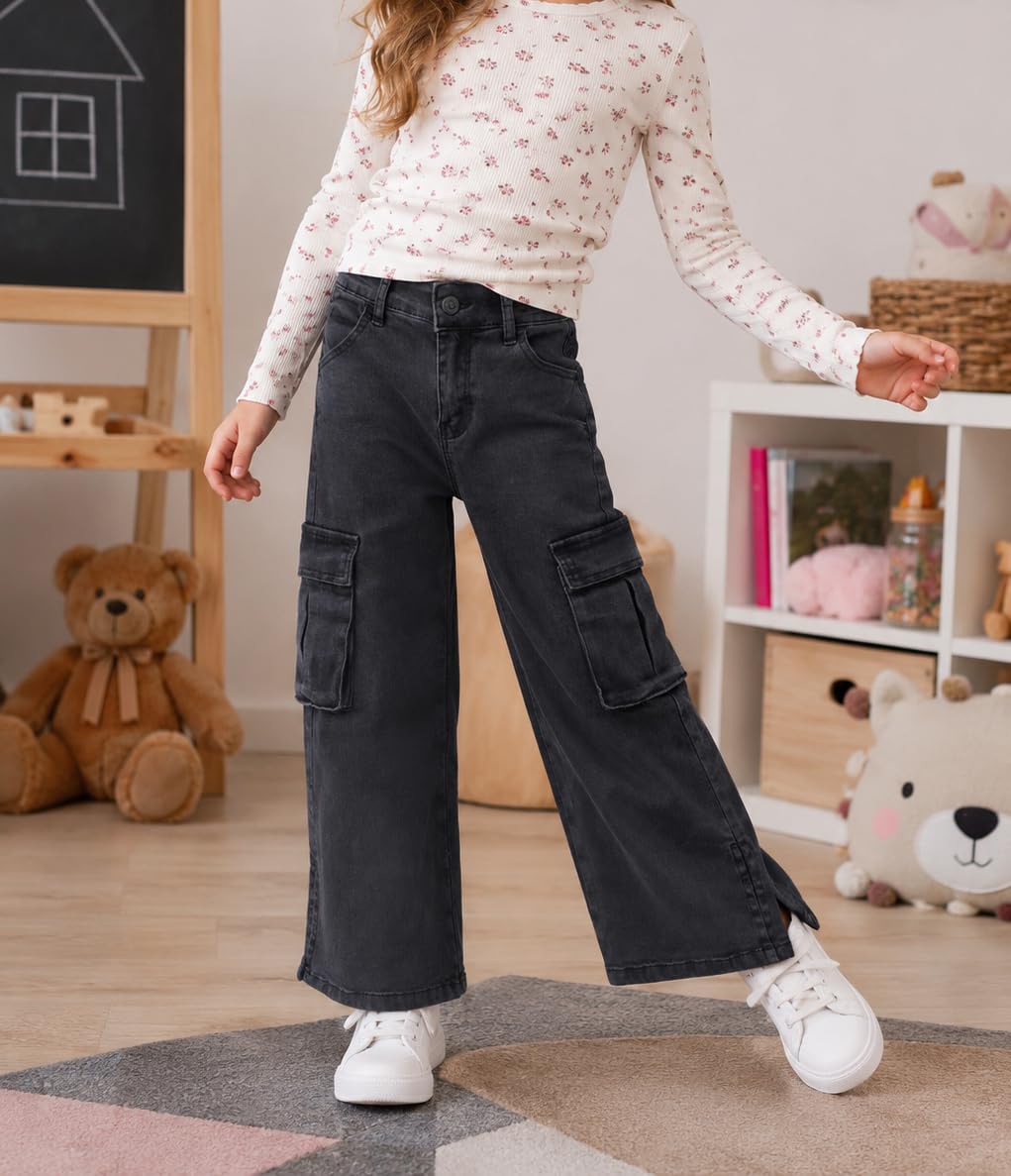 KIDSCOOL SPACE Jeans Cargo da Ragazza con Tasca con Patta, Gamba Larga e Pantaloni Boyfriend in Denim con Orlo Diviso