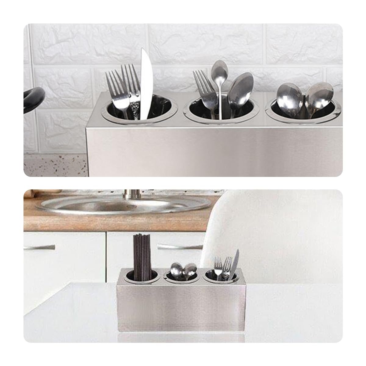 Soporte para Utensilios de Acero Inoxidable con 3 Compartimentos, Soporte cilíndrico para Cubiertos, para Cocina, Bares, cafeterías, restaurantes