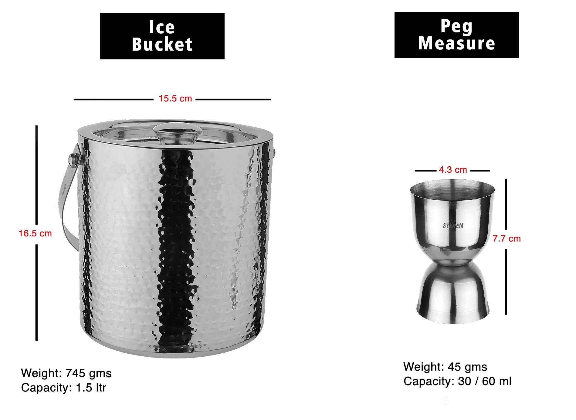 Steren Impex | Stainless Steel 4 Piece Full Hammered Bar Set for Drink/Gift, Double Wall - Ice Bucket with Tong, Peg Measurer & Cocktail Shaker