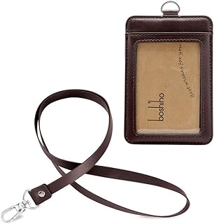 Boshiho Cow Leather ID Card Badge Holder with Heavy Duty PU Lanyard Vertical Style (Vertical Coffee)