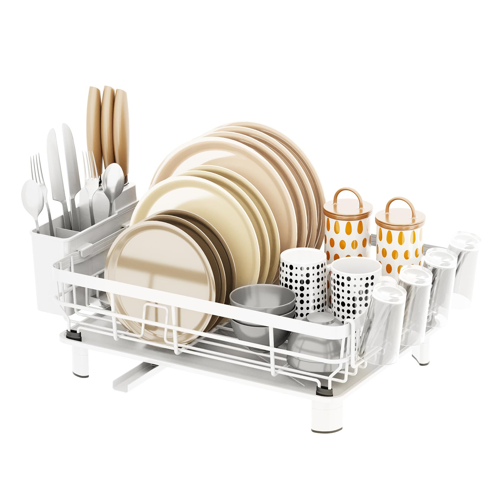 TBATM Single Tier Countertop Dish Drying Rack with Side Knife and Cutlery Storage Box, for Plates Bowls Mugs Cups and Cooking Utensils for Small Household Kitchen,White