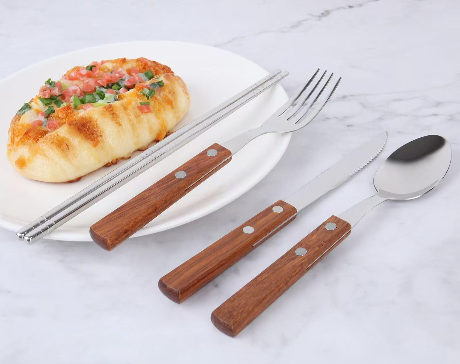 GTJLLY Travel Utensils with Case 4-Pack Wooden Handle Stainless Steel Reusable Travel Cutlery Set, Forks Spoons Knives Flatware Set for Camping, Picnic, Lunch Box for Men