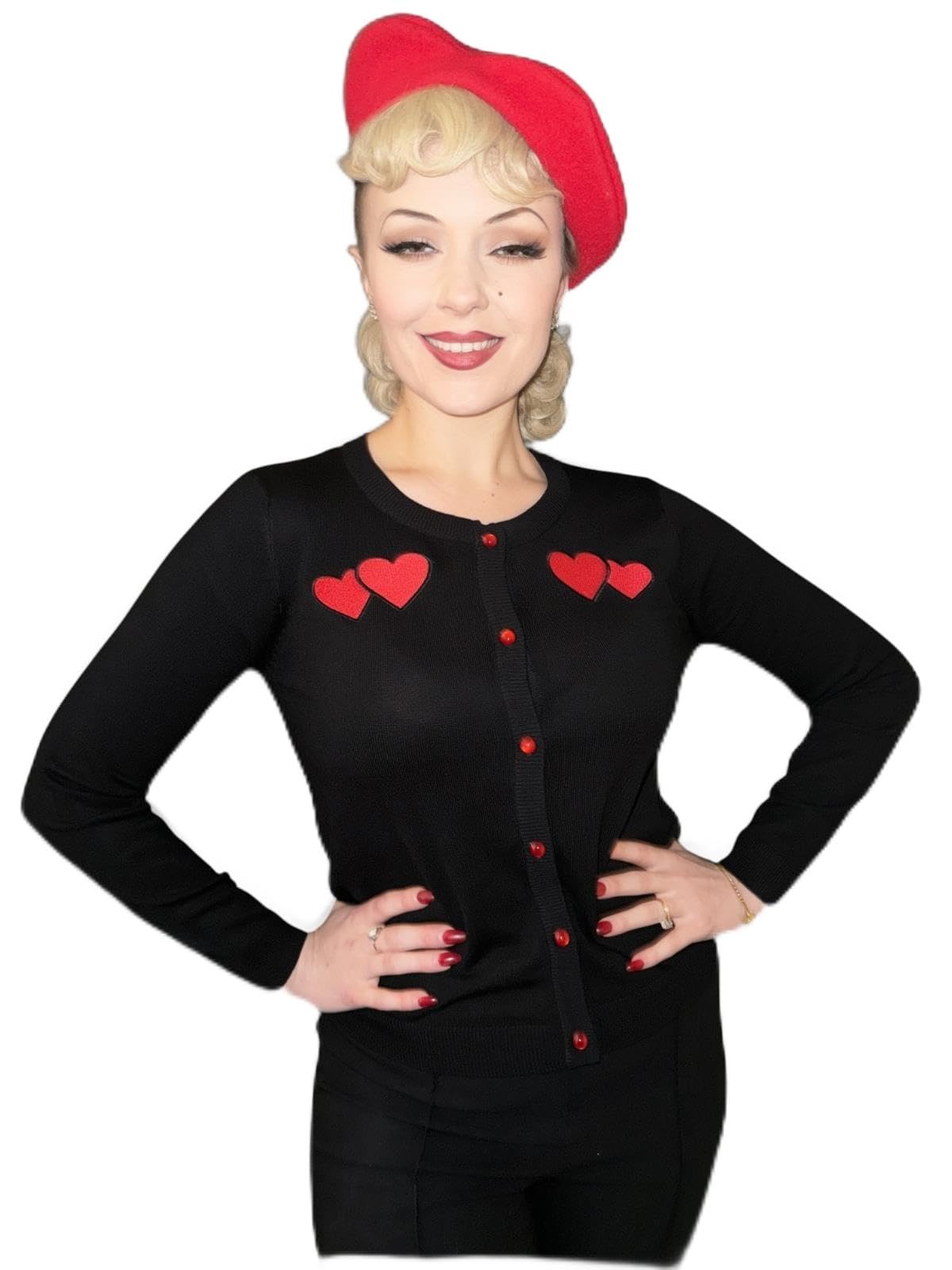 Ro Rox Double Hearts Cardigan Retro 50s Rockabilly Pin Up Vintage Knitwear, Black, 2XL