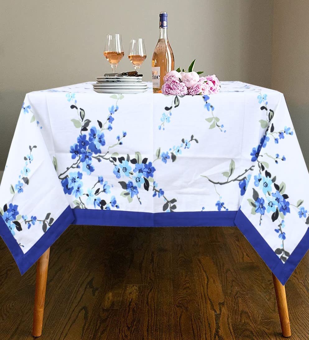 URBANO HOMZ Cotton Rectangular Dining Table Cover 4 Seater, 60 Inches X 40 Inches Beautiful Floral Table Cloth for 4 Seater Dining Table, Blue and White with Piping