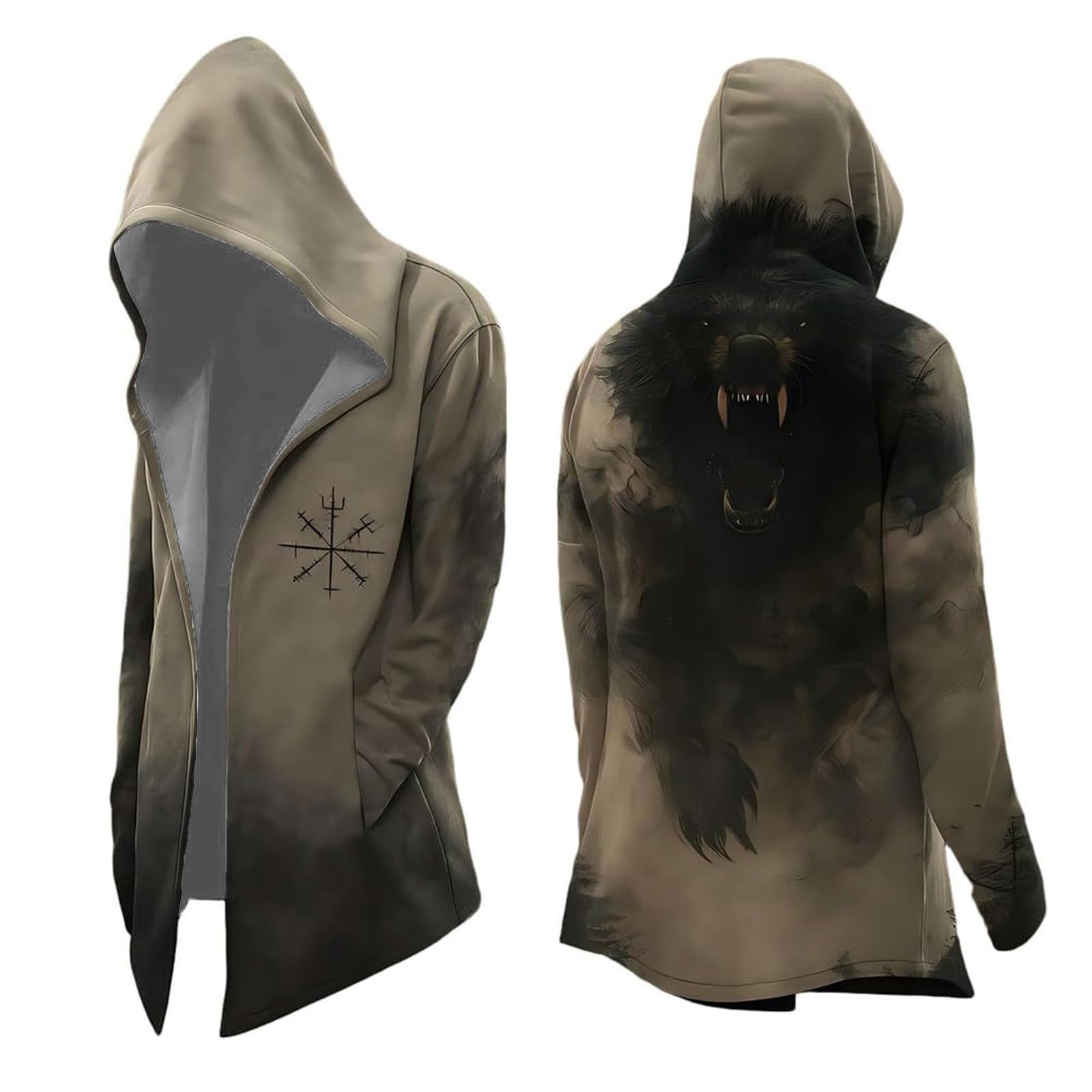 Men's Halloween Hoodie Medieval Norse Mythology Hooded Cardigan Motorcycle Jacket Long Sleeve Casual Loose Fit Streetwear Coat for Daily Wear Spring Autumn Winter (A13-Khaki, XXL)