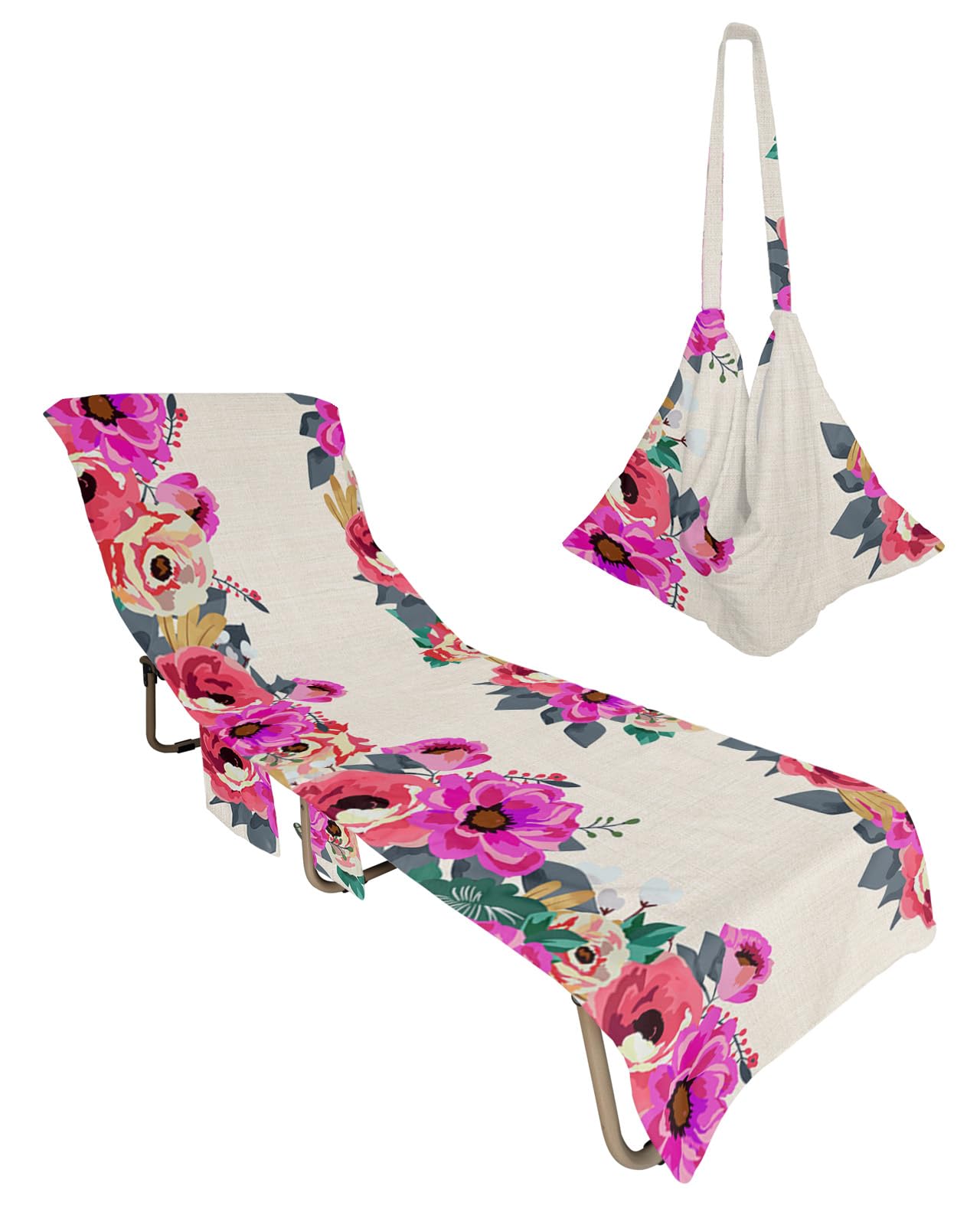 Pink Red Yellow Flowers Beach Lounge Chair Towel Cover, Soft Chaise Lounge Towel with Side Pockets Patio Pool Chairs Cover for Beach/Pool Sunbathing 29x85 Watercolor Spring Floral Botanical Rustic
