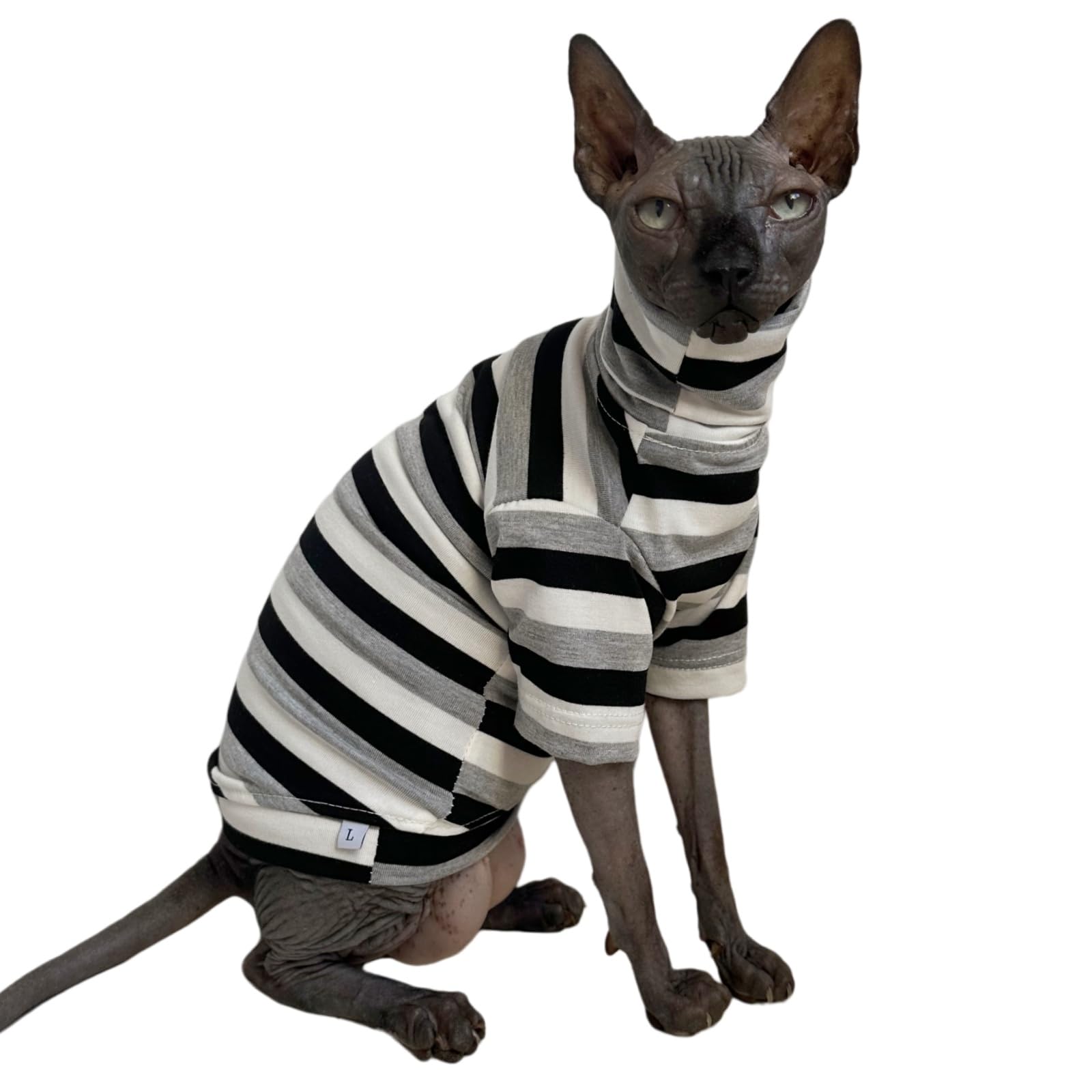 Vintage Stripes Sphynx Hairless Cats Shirt Cotton Cat Turtleneck Pet Clothes Kitten T-Shirts with Sleeves for Sphynx Cats (Black Grey White, Medium)
