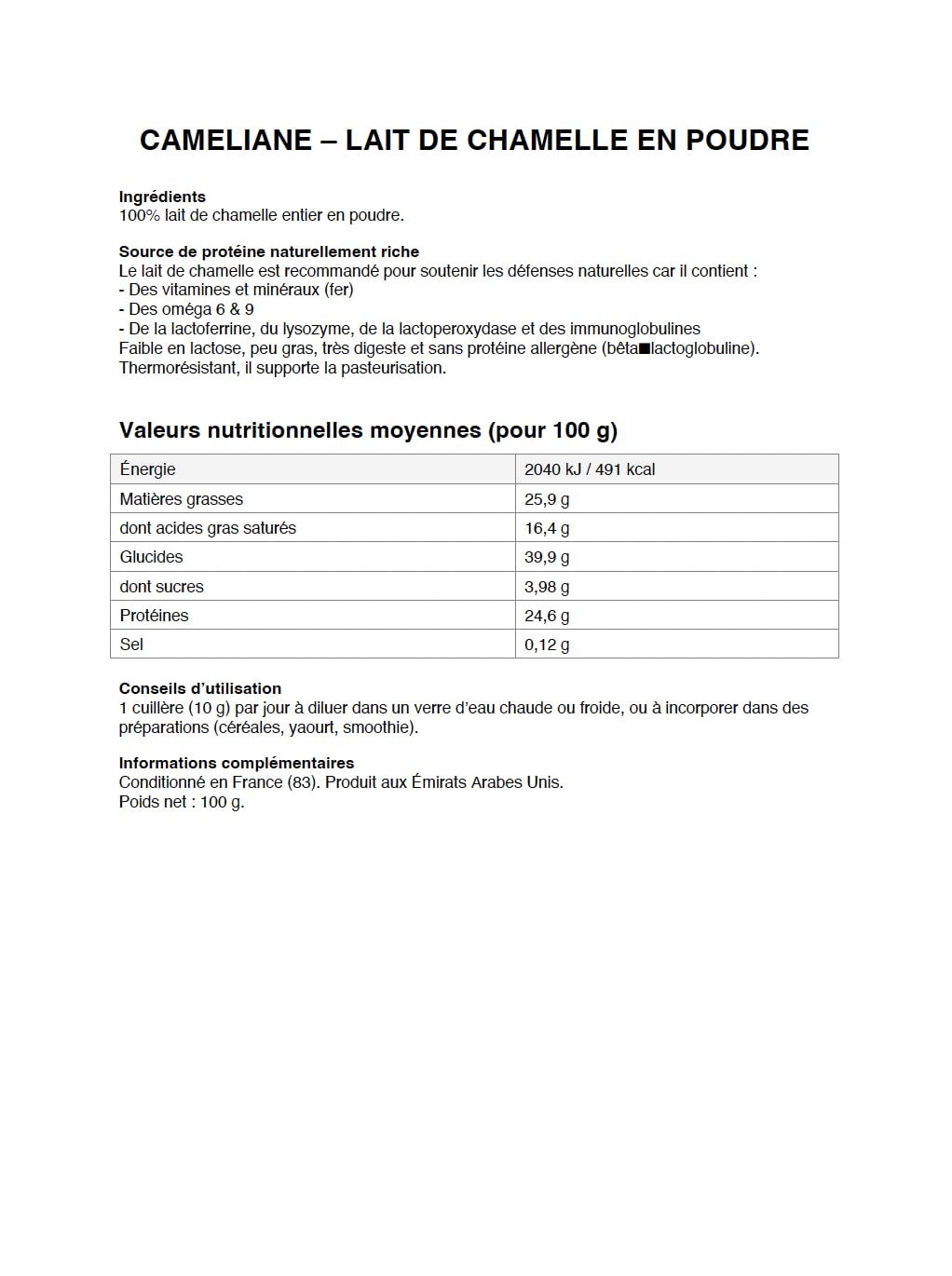Сamel milk en poudre – lait de chamelle 100% entier, riche en protéines, faible en lactose, qualité premium, 100 g