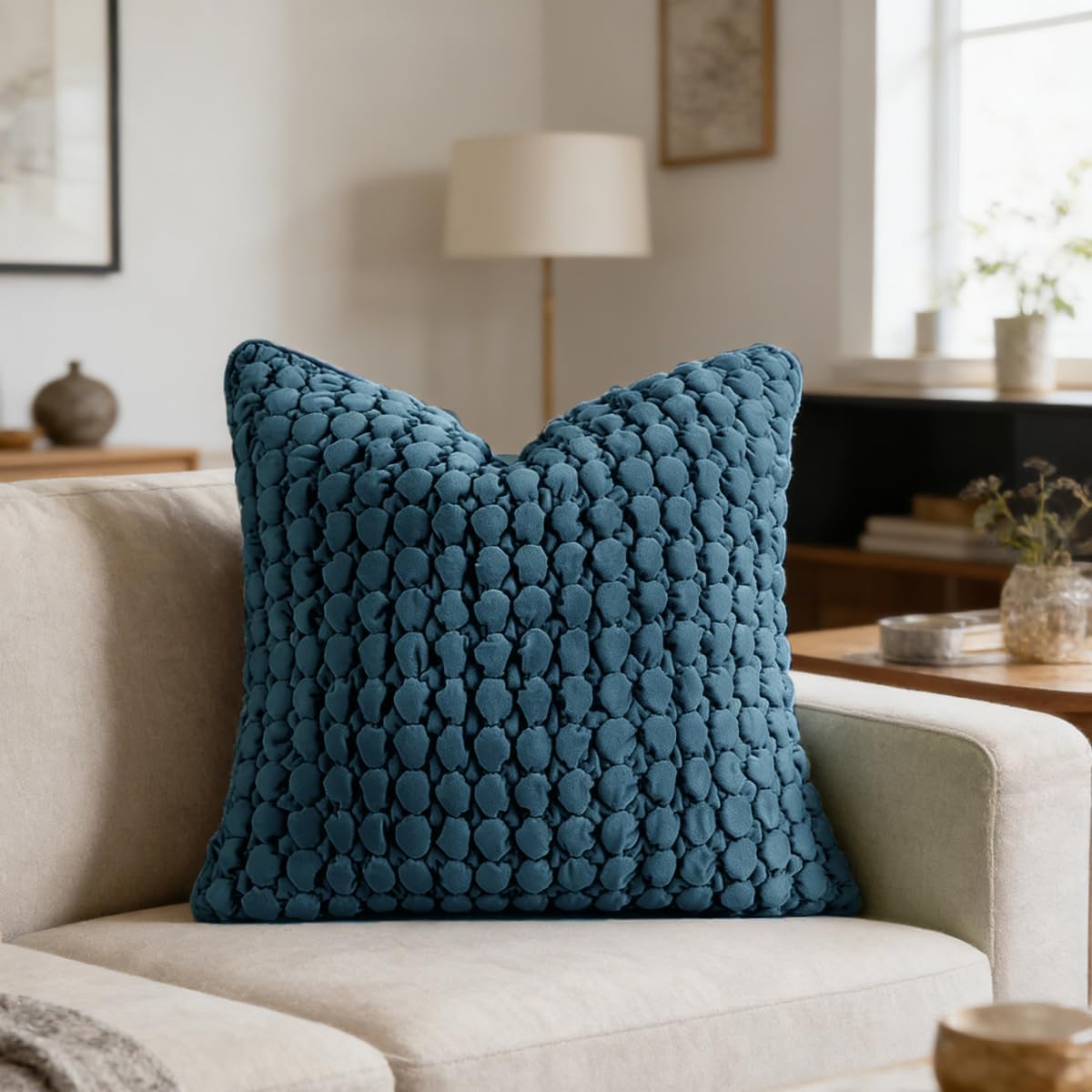 Pillow Cover 24x24 1 Piece Velvet Euro Sham Decorative Farmhouse Pillowcase Boho Square Cushion Covers Soft Bubble Texture for Couch Sofa Bed Bedroom Car Living Room，Blue