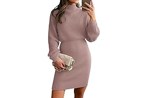 Women's Winter Mock Neck Lantern Sleeve Ribbed Knit Bodycon Pullover Sweater Dress