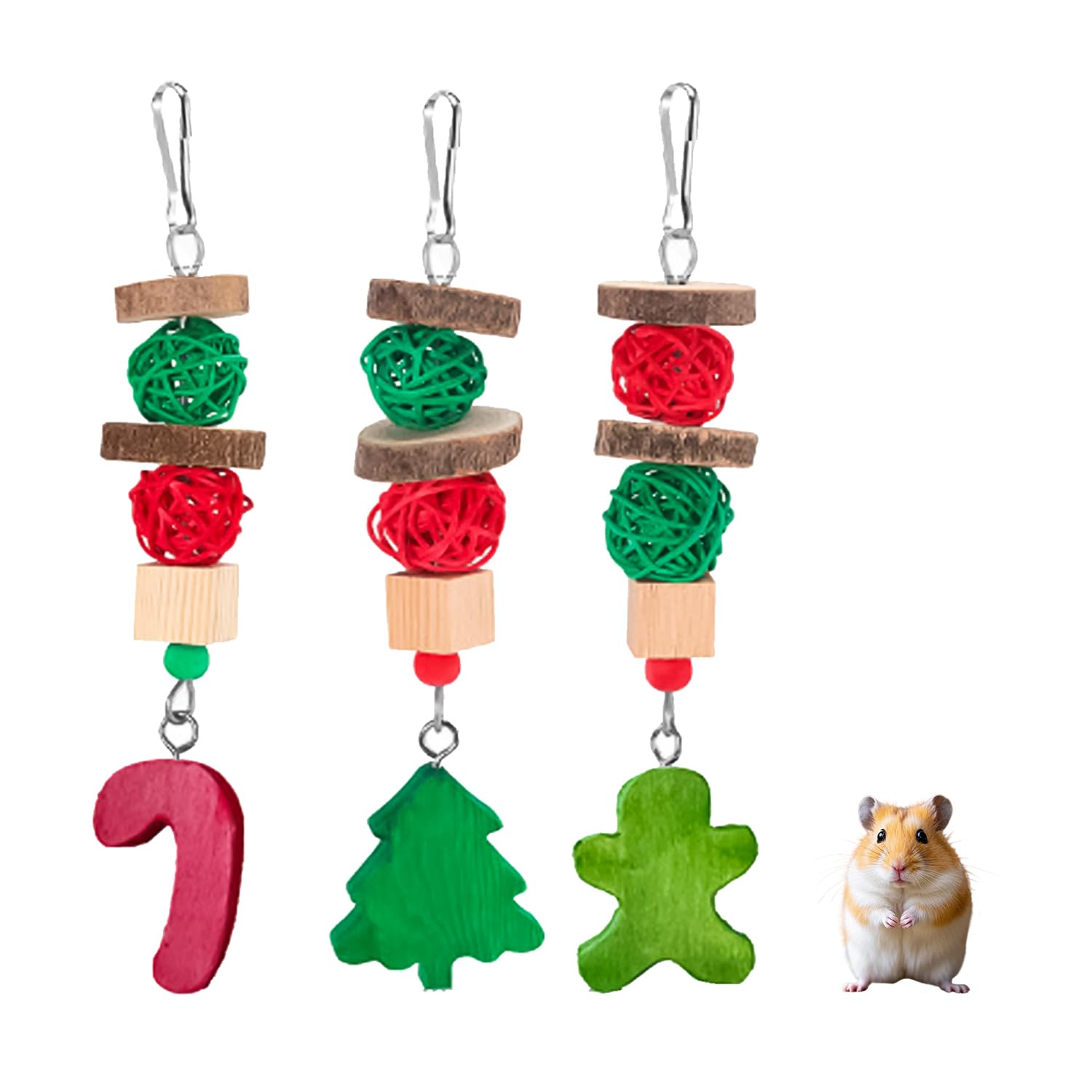 MEISH 3pcs Christmas Guinea Pig Toys Hamster Chew Toys Christmas Small Animals Toys Treats Cage Hanging Accessories for Teeth Grinding