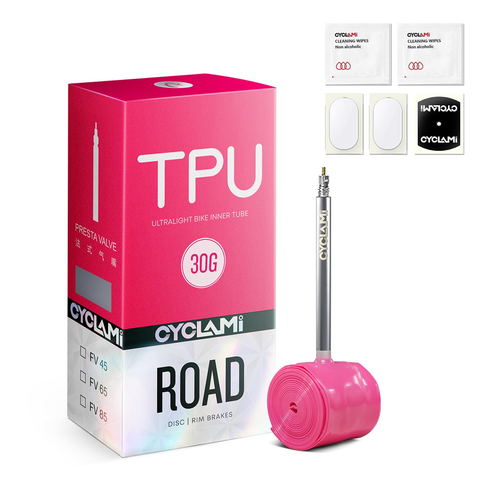 CYCLAMI 1/2PCS TPU Inner Tube 700C,Metal Valve Ultralight 30g Road Bike Inner Tube Compatible with 700x18/23/25/28/30/32C Metal Presta Valve 45/65/85mm (1PC-Presta Valve:85mm)
