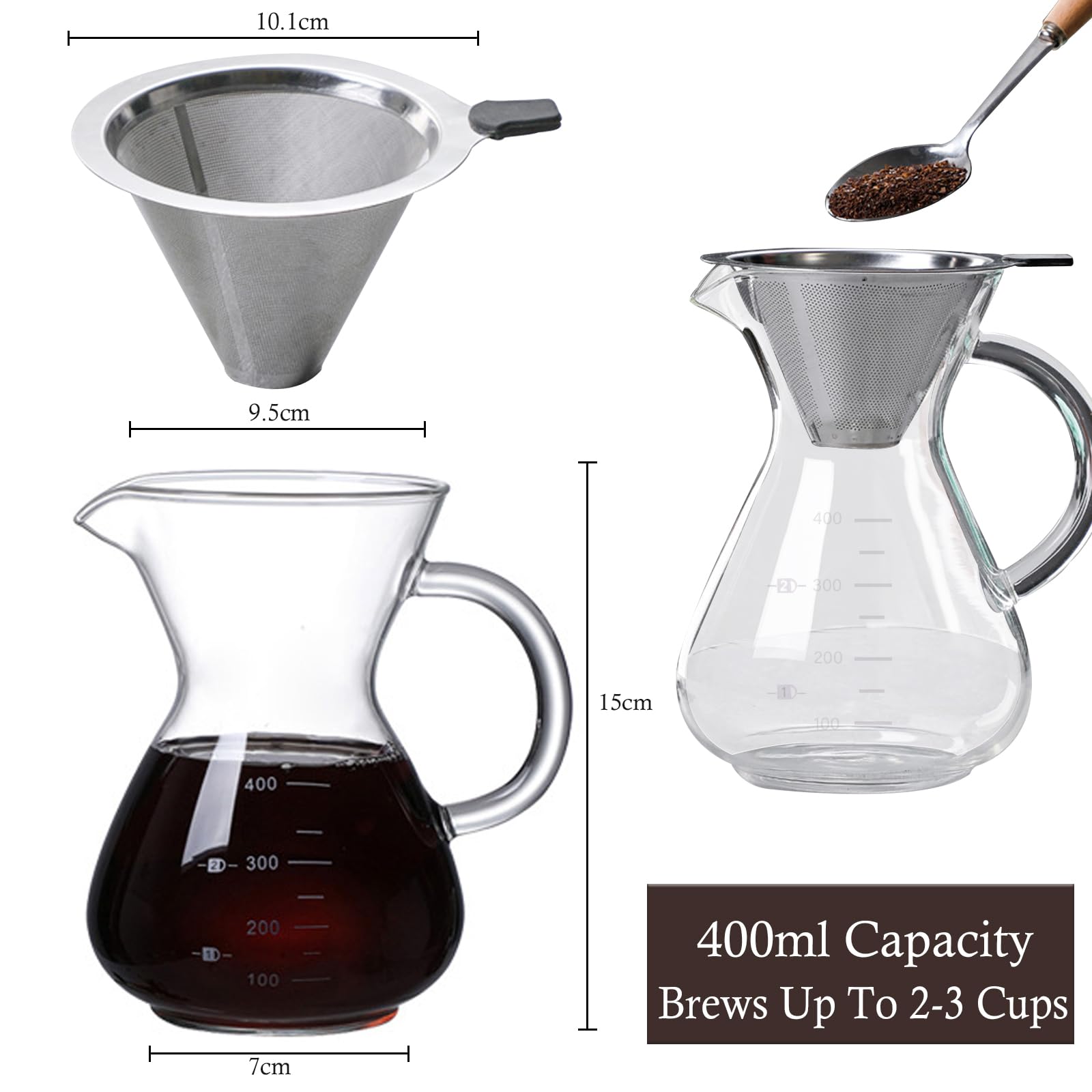 Cafetière Manuelle, 400ml Verre Cafetière Filtre avec Filtre Café Permanent et Poignée Résistante à la Chaleur, Permet de Préparer Jusqu'à 2 à 3 Tasses pour la Maison