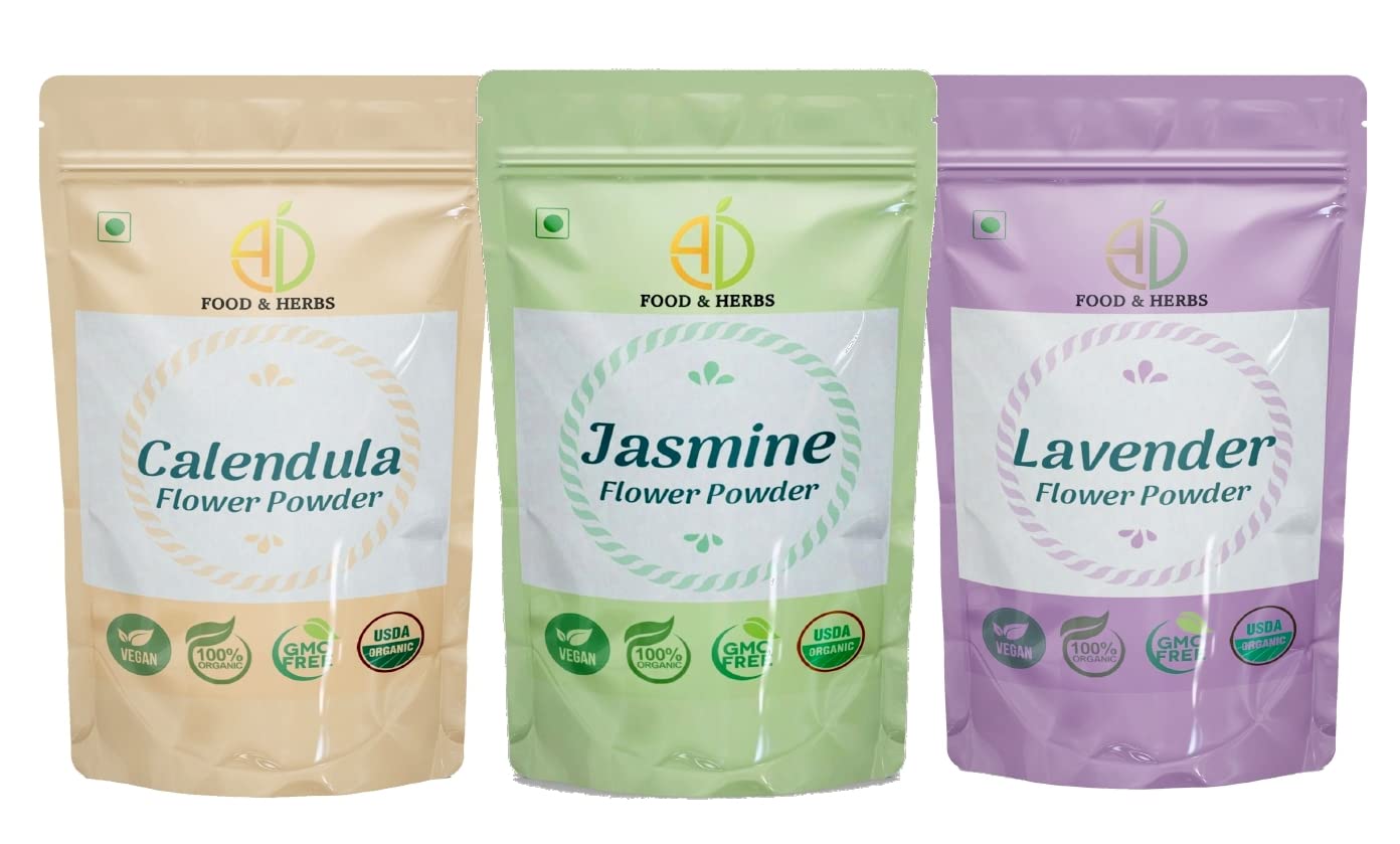 A D Food & Herbs Combo of Jasmine/Lavender/Calendula Powder Aromatic Edible for Homemade Lattes, Tea Blends, Bath Salts, Face packs & Body packs (20 GMS x Pack of 3)-image-30