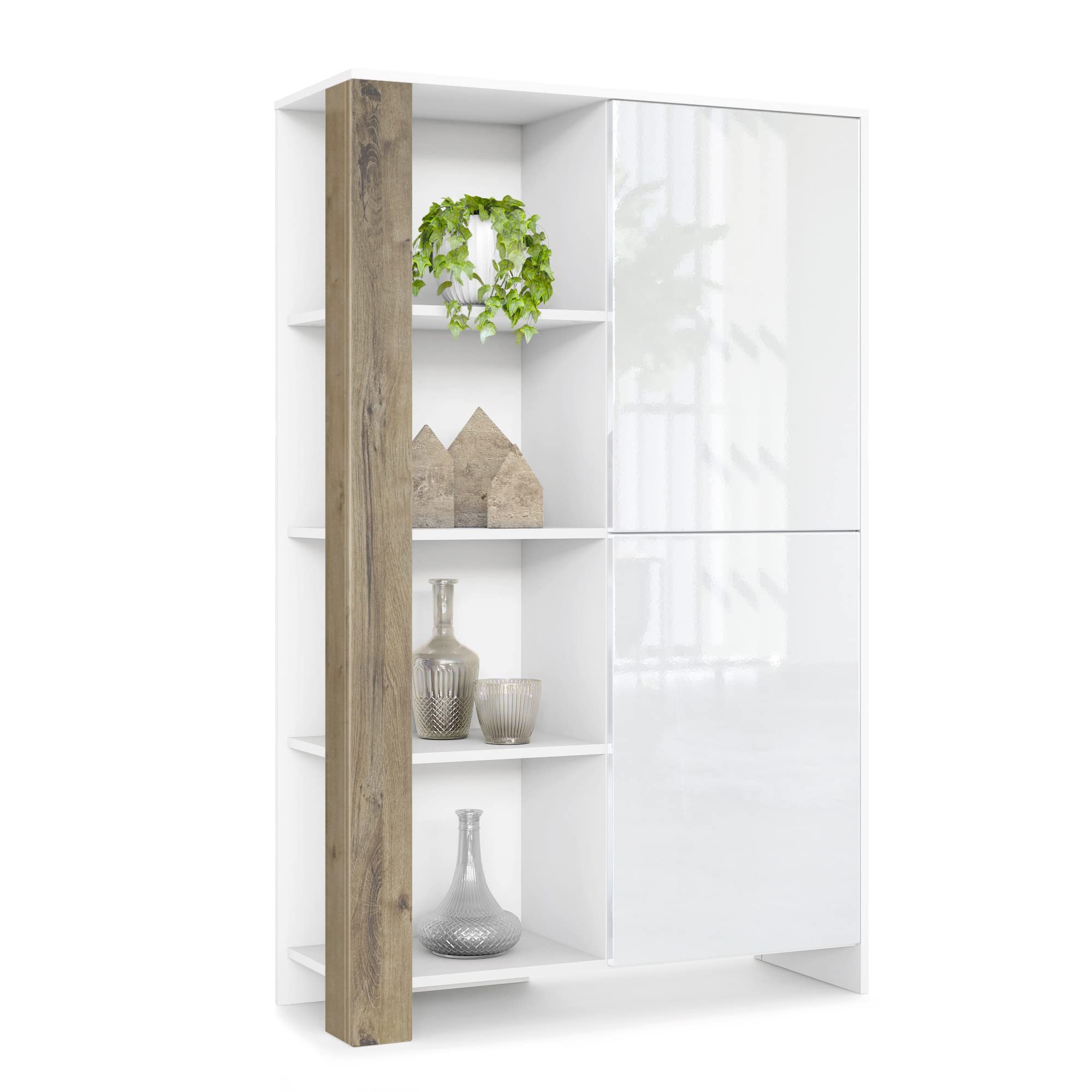 Vladon Highboard Canto, Made in Germany, hoher Schrank mit 2 Türen und 8 Fächern, Korpus Weiß matt, Fronten Weiß Hochglanz, Dekor-Paneele Eiche Ribbeck (95 x 151,5 x 36 cm)