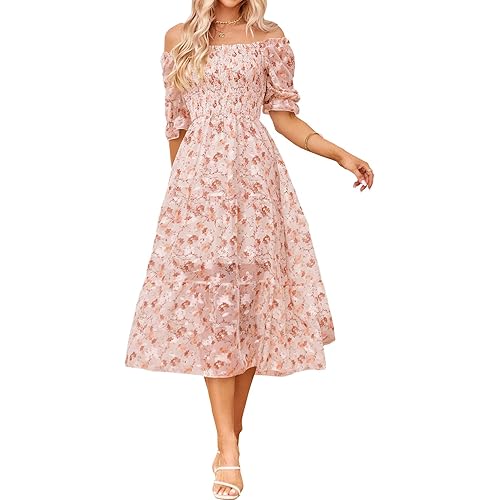 Sissyaki Women's Square Neck Tiered Long Dress Short Sleeve High Waist Smocked Midi Dress