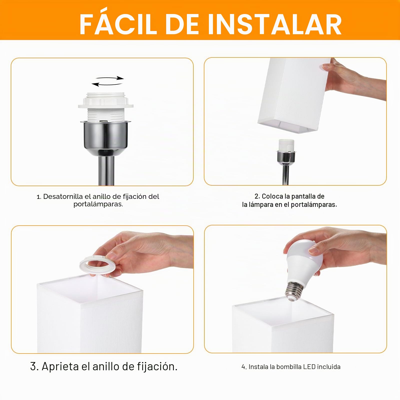 Jemora 2 Paquetes de lámpara de mesita de Noche de Tela con Bombilla LED Blanca cálida, luz de Escritorio, Control táctil, Puertos de Carga USB A Tipo C, 3 Niveles Regulables para Sala de Estar,