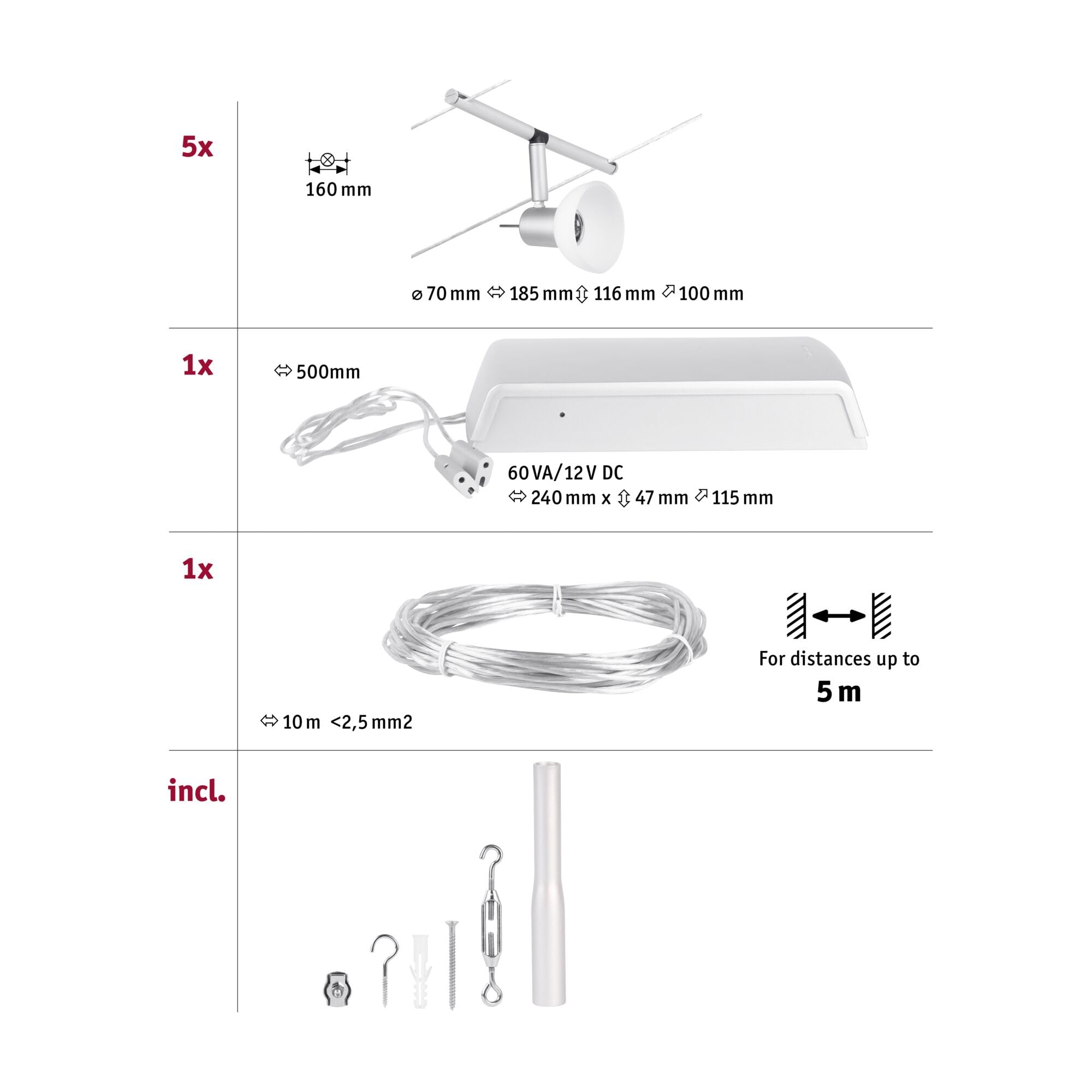 Paulmann 94448 CorDuo Set Système de Câbles Sheela DC 5 x 10 watts max, Éclairage Extensible Chrome Mat Câble Matière Plastique GU5,3 Système de Câbles sans Ampoules